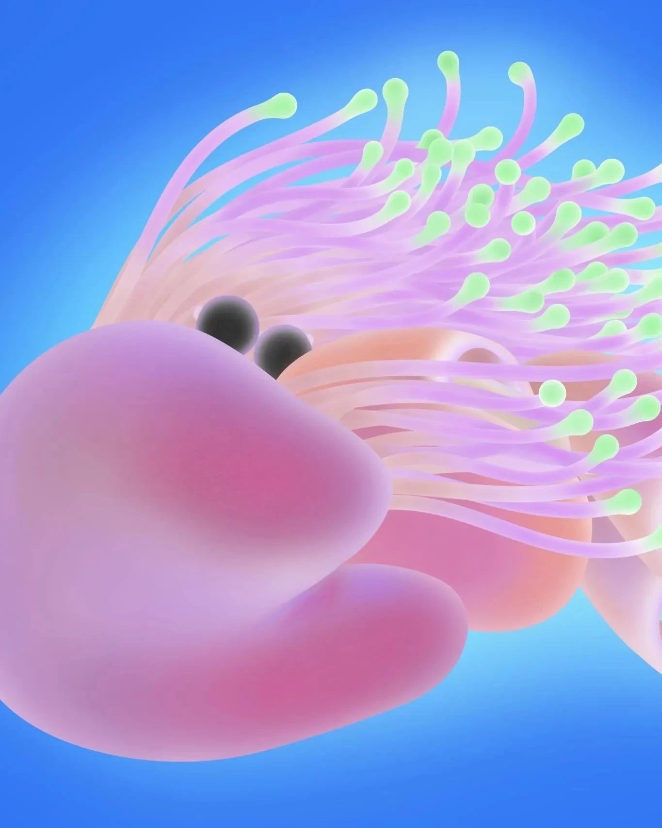 Colorful abstract sea creature with a pink, cloud-like body, black eyes, and flowing purple tentacles with green tips, set against a vibrant blue background.