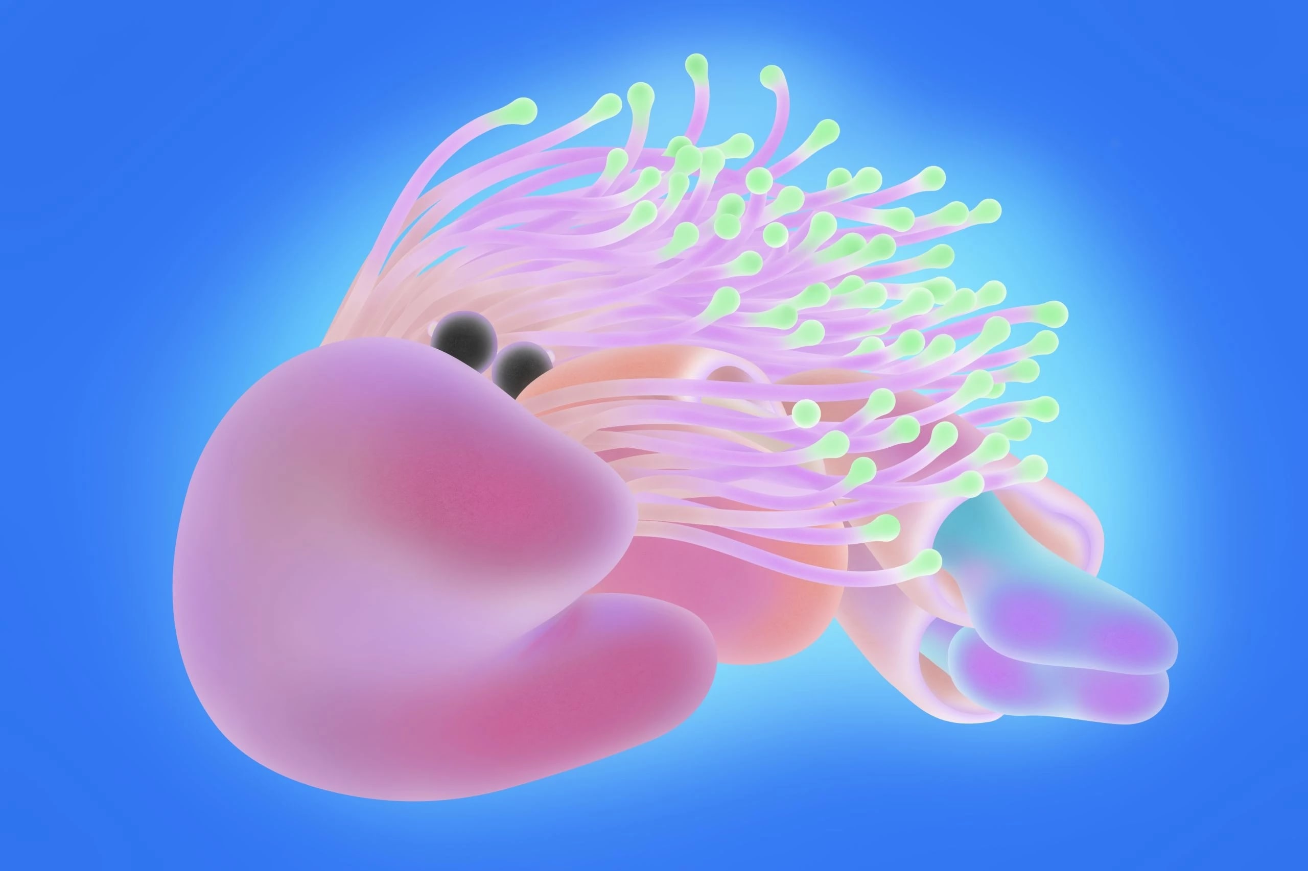 Colorful abstract sea creature with a pink, cloud-like body, black eyes, and flowing purple tentacles with green tips, set against a vibrant blue background.