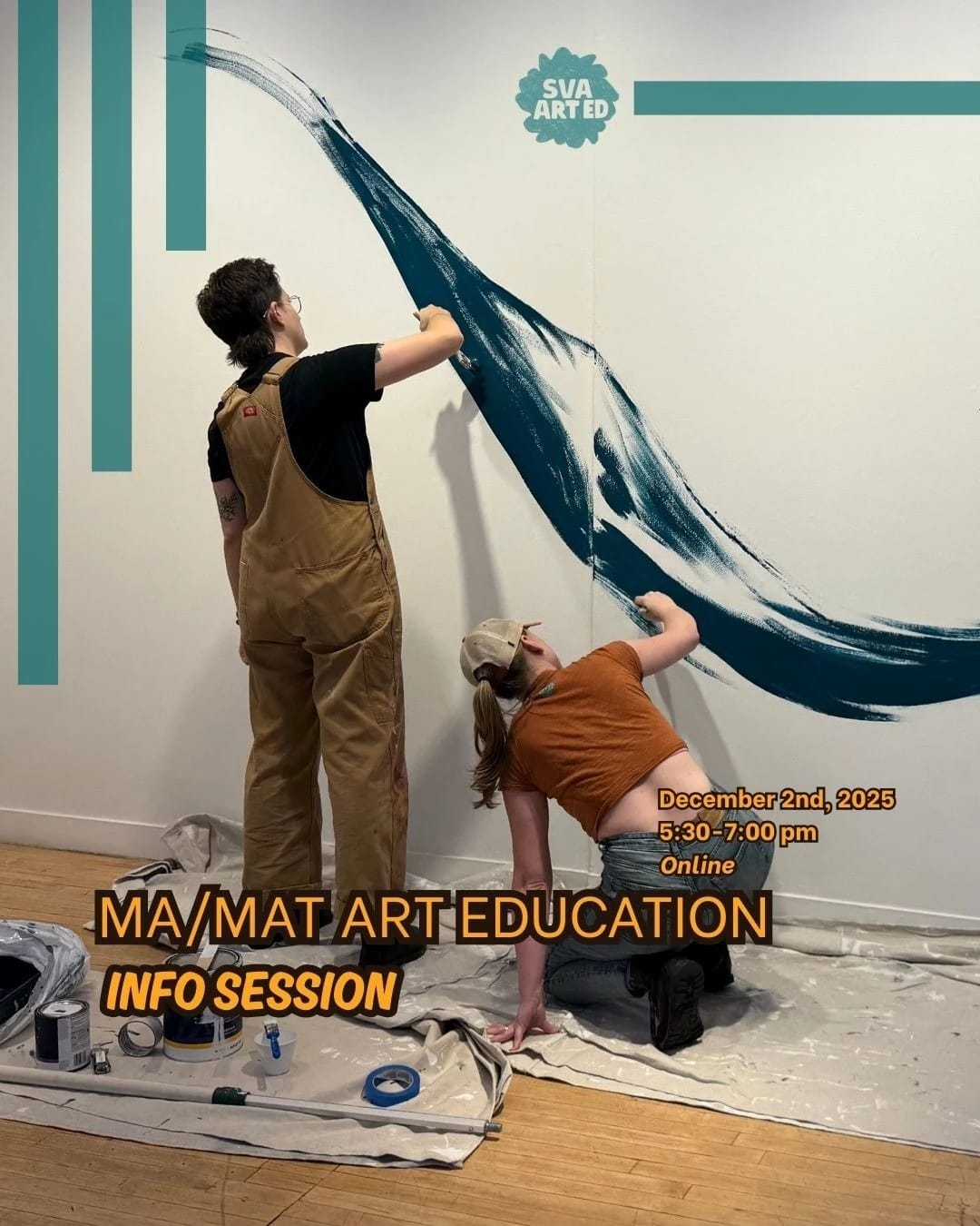 Two people painting a blue wave on a wall. One person is standing and one is kneeling.
