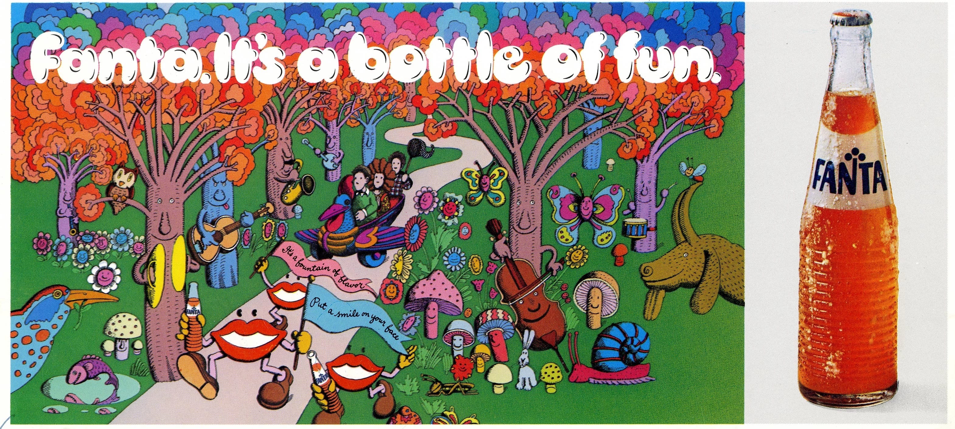 A grroovy, psychedelic and surreal image of a forest with trees playing instruments, various animals, smiling lips walking on two feet and various merry making next to a glass bottle of orange fizz Fanta.