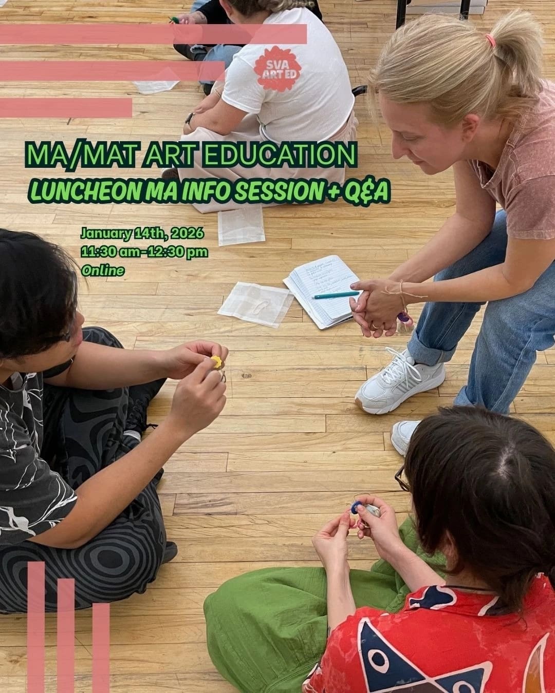 Two students sit on the floor while another student sit on a chair around each other while sculpting small figurines together.