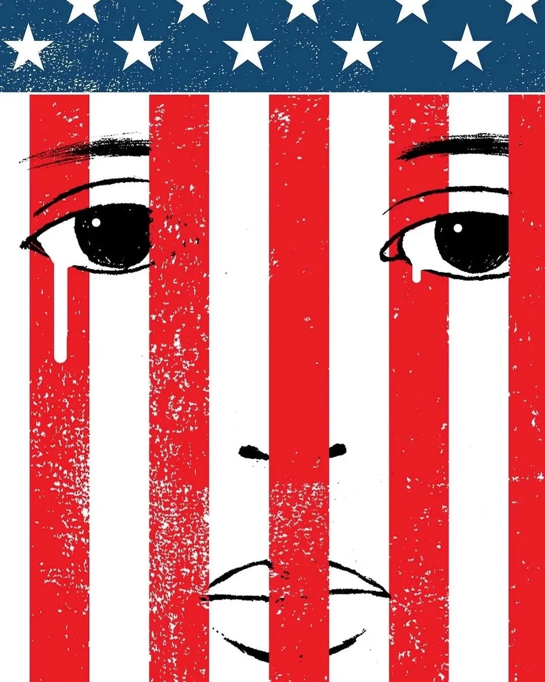 A poster featuring an American flag alongside a human face with tears streaming down its face symbolizing national sadness.