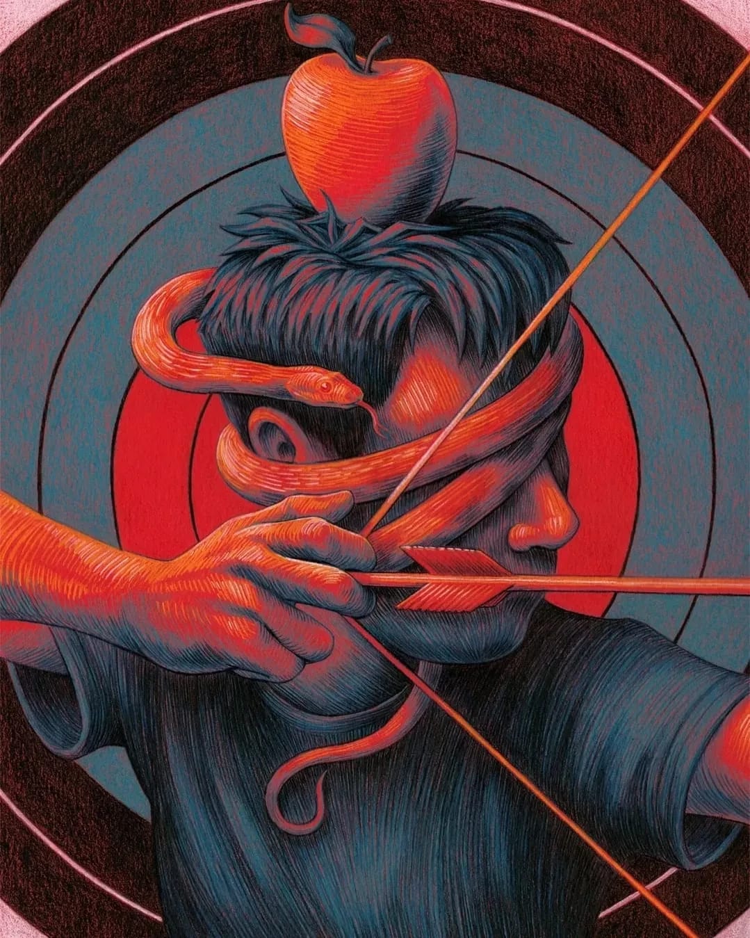 A man holding an apple in one hand and a bow in the other, standing outdoors with a focused expression.