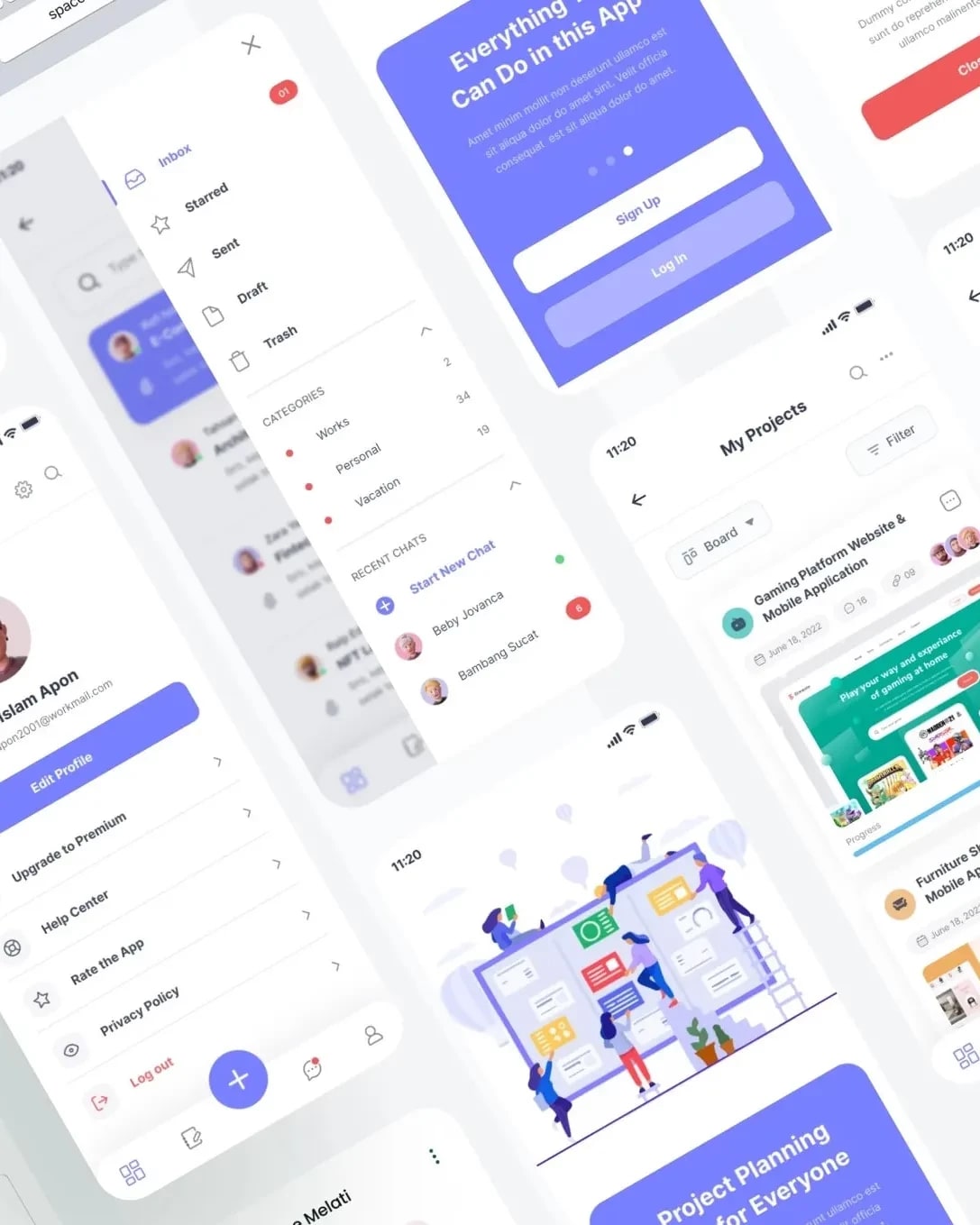 A slanted grid of app screens 