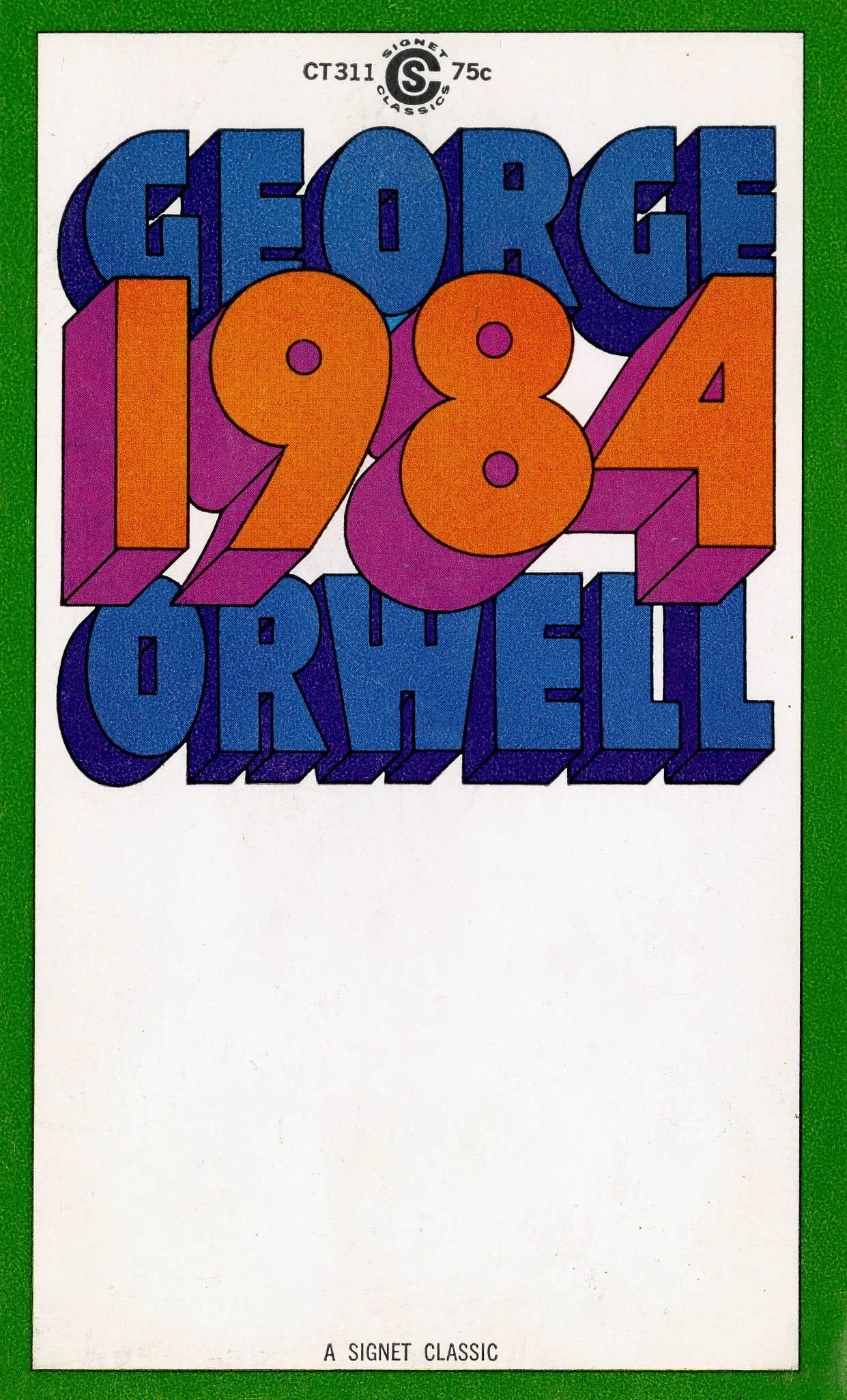 A book cover on a white background with green trim, the words "George Orwell, 1984" written in blue and orange hand drawn fonts.