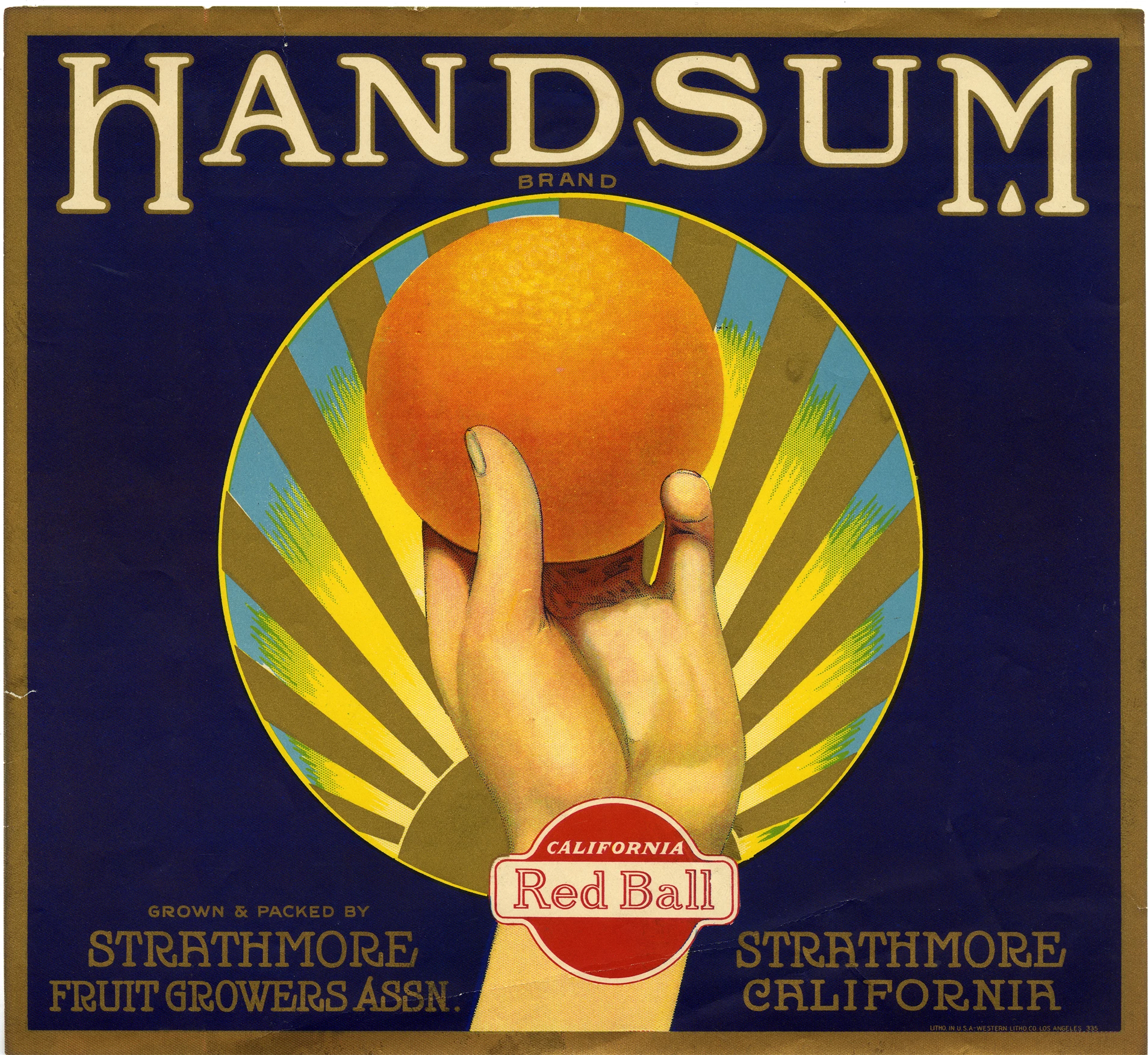 Illustrated label for an orange company. A hand holds an orange at the center of the page with a radiant circle halo around it. The rest of the background is dark blue with bronze letters that read "Handsum"