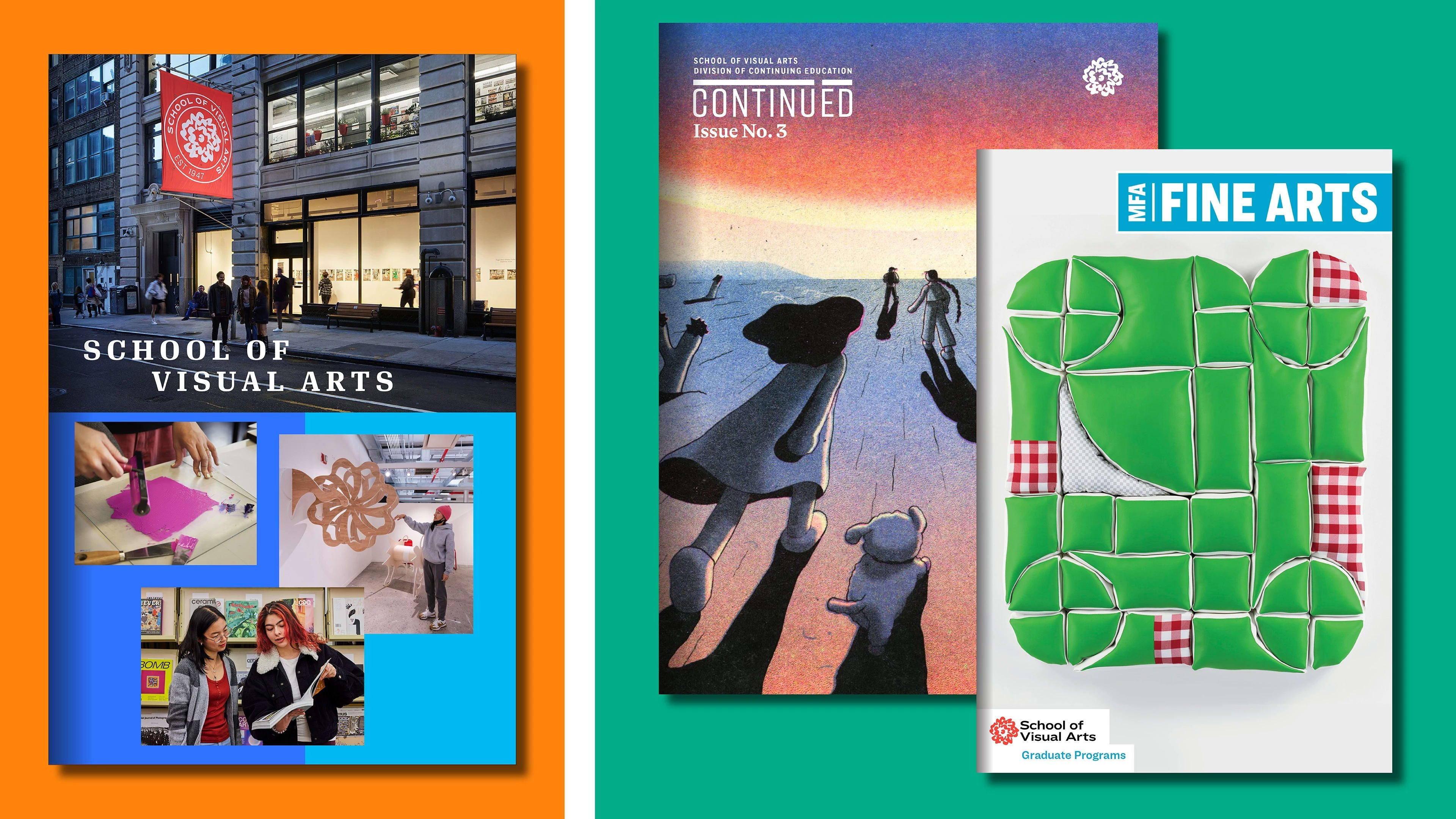 Front covers of three publications: the Viewbook shows people on a sidewalk at dusk in front of a building with a red “School of Visual Arts” banner, with smaller images of pink ink on glass, two students with an art book, and a student in a red beanie by a gallery sculpture; the ContinuEd cover features an illustrated sunset with figures and a dog walking toward it; the Graduate Program cover shows artwork with red-and-white gingham and green geometric pieces.