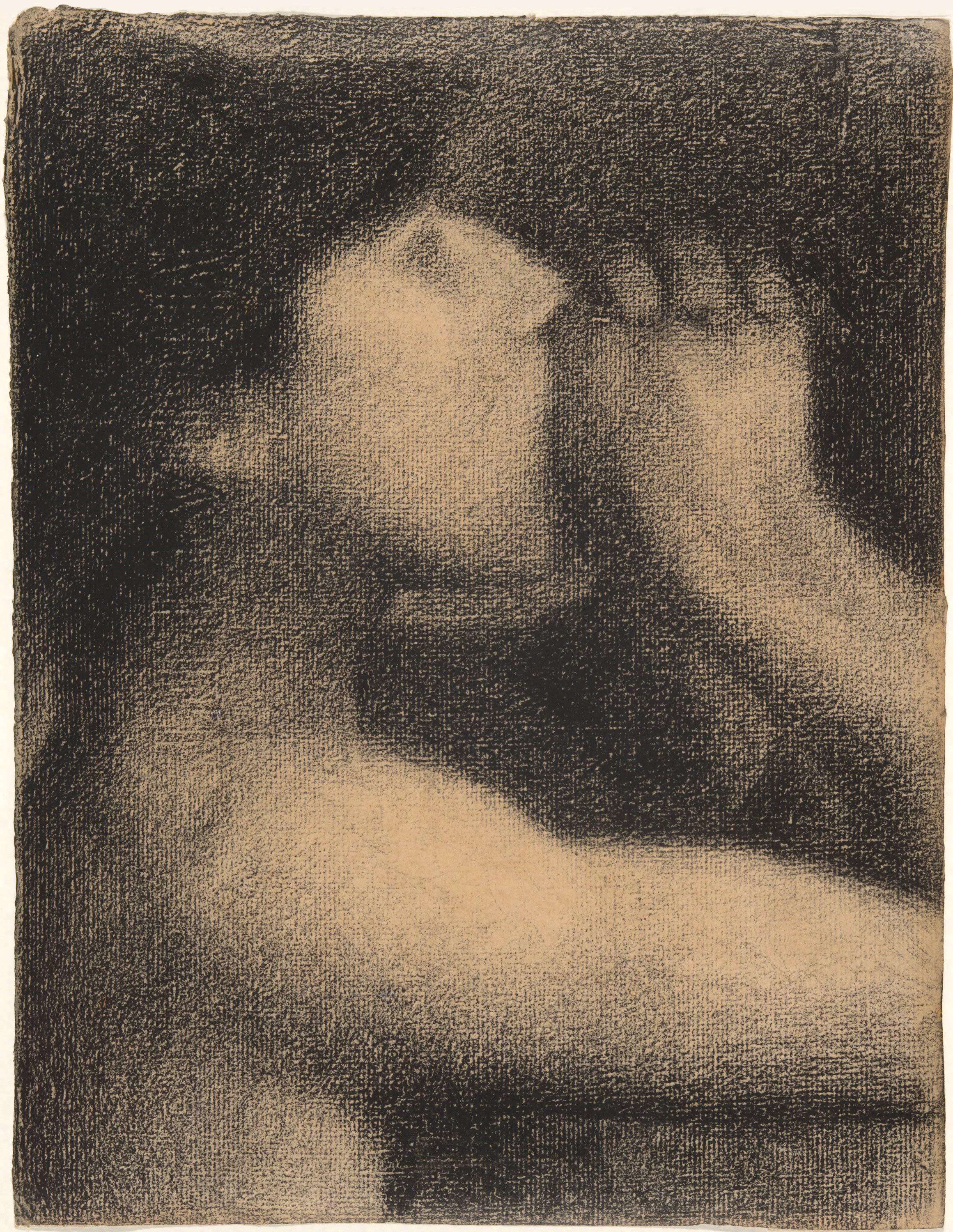 Dark conte crayon drawing on off-white paper close-up of a young person from the chest up with elbows bent and clasped hands by the mouth. The person is gazing upward and wears a bucket hat. 