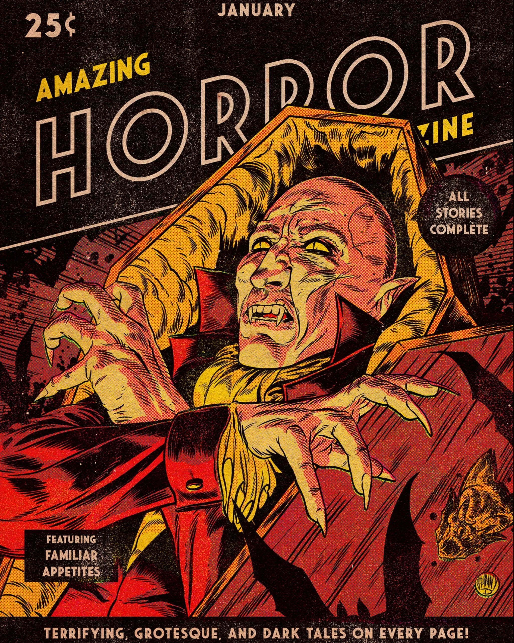 A comic book style illustration vampire in a coffin. The title 'Amazing Horror Magazine' is behind the coffin. Text reads "all stories complete," "featuring Familiar Appetites," and "Terrifying, grotesque, and dark tales on every page!"