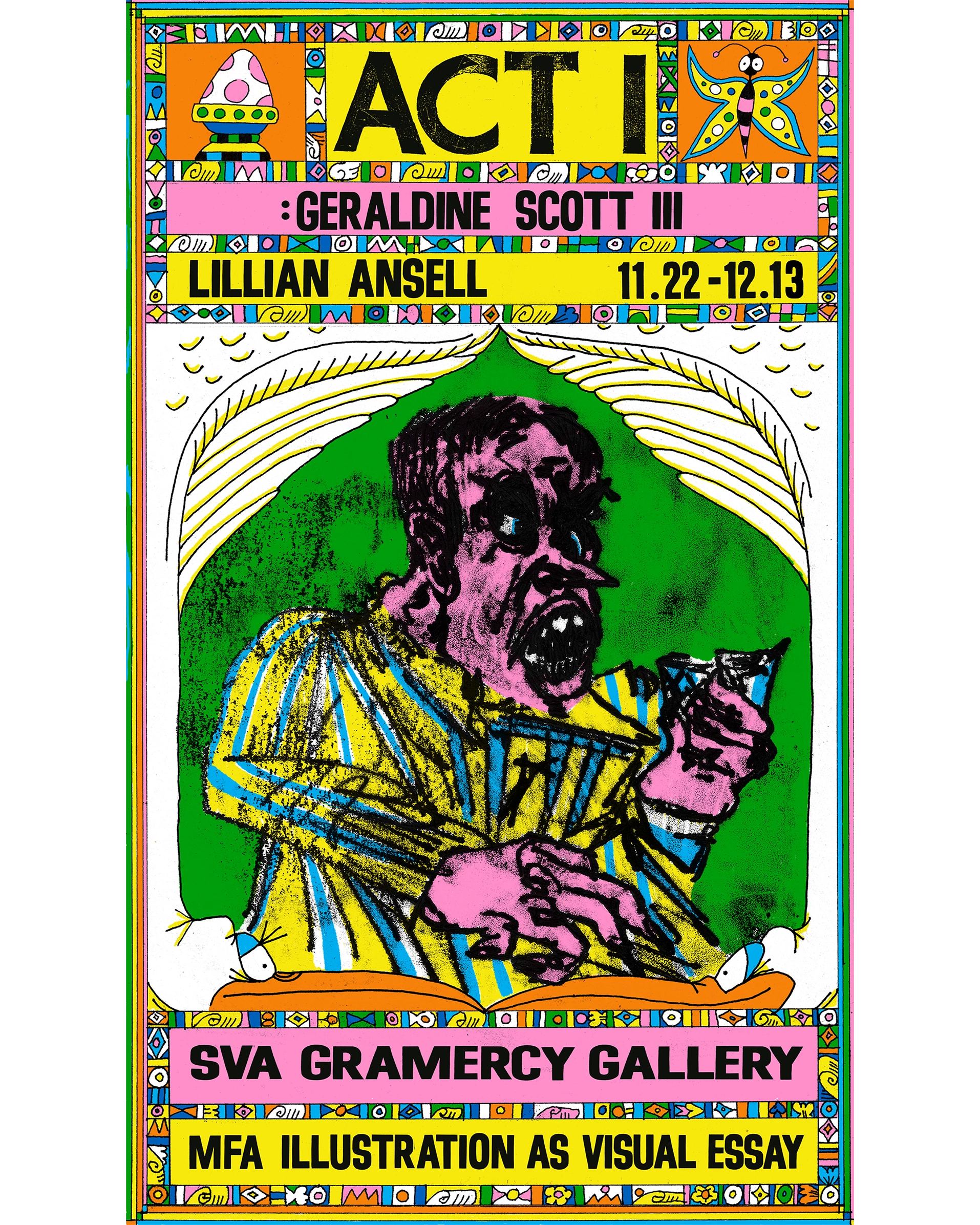 Poster for exhibition with a man in striped suit facing right holding a cigarette. Image is yellow orange pink, and green with black text announcing show.