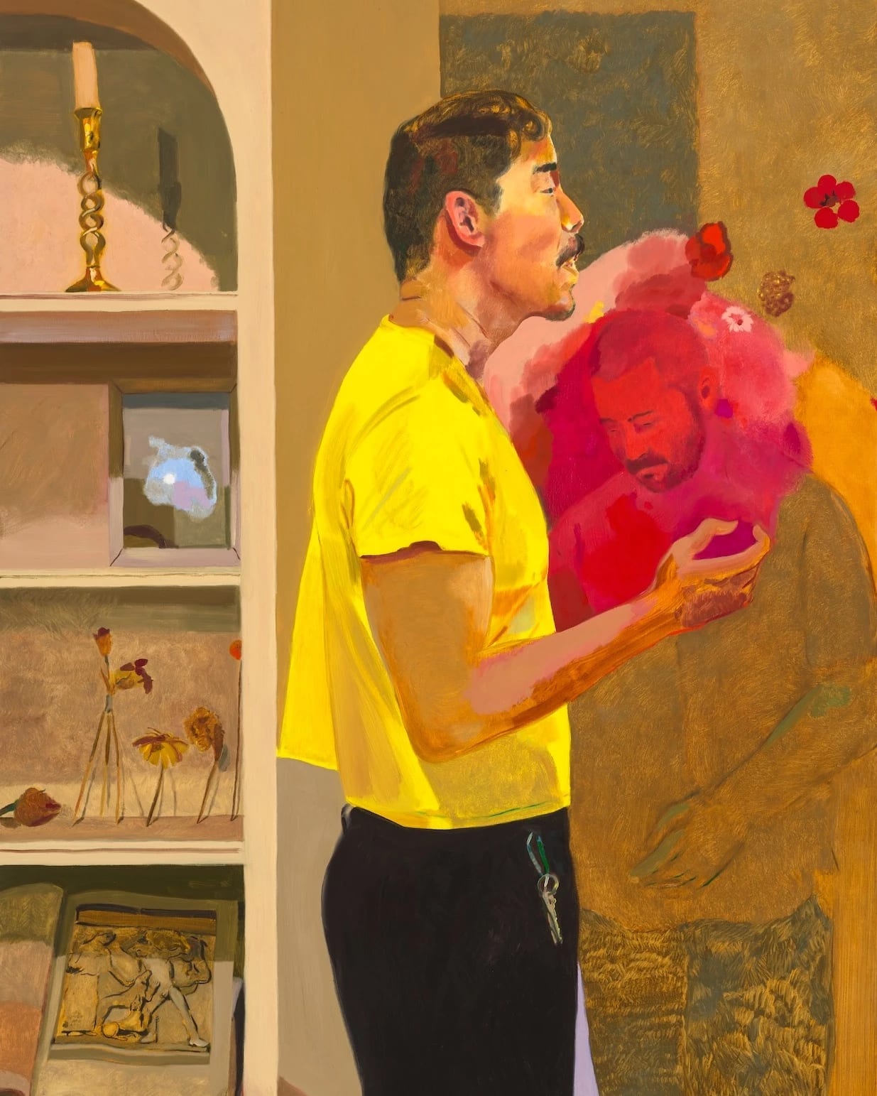 Odd kind of sympathy (unlit candle, clouded mirror, pressed flowers, Acteon punished for looking), 2024 Oil on canvas 72 x 48 in