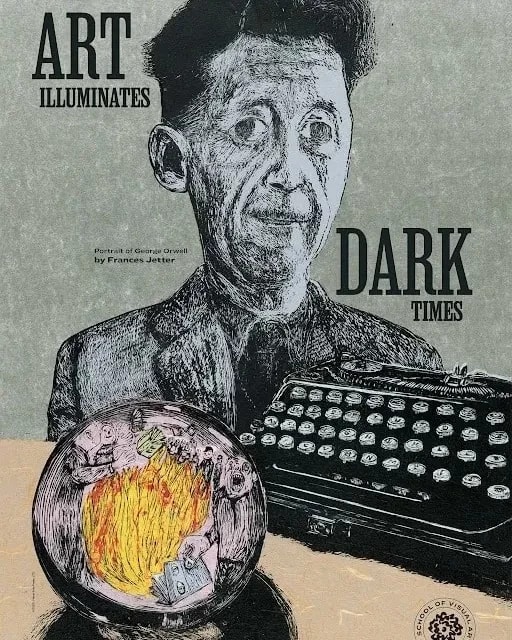 A gray poster depicting a gaunt looking man with a typewriter and a crystal ball depicting a group of people burning books.