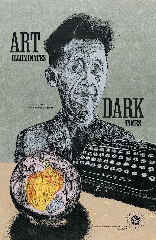 A gray poster depicting a gaunt looking man with a typewriter and a crystal ball depicting a group of people burning books.