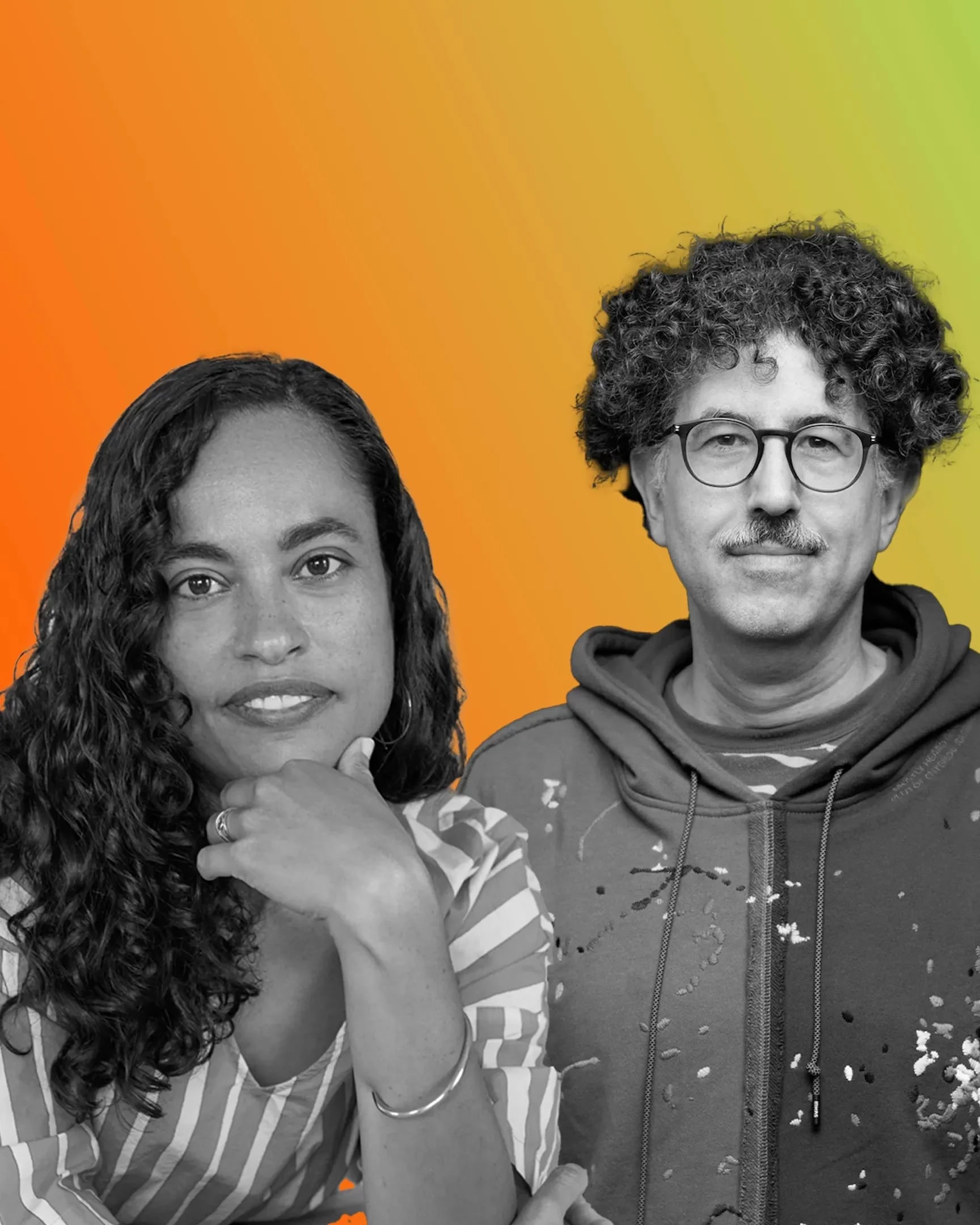 Photos of two people in black and white, Chloë Bass and Hrag Vartanian, against an ombre background