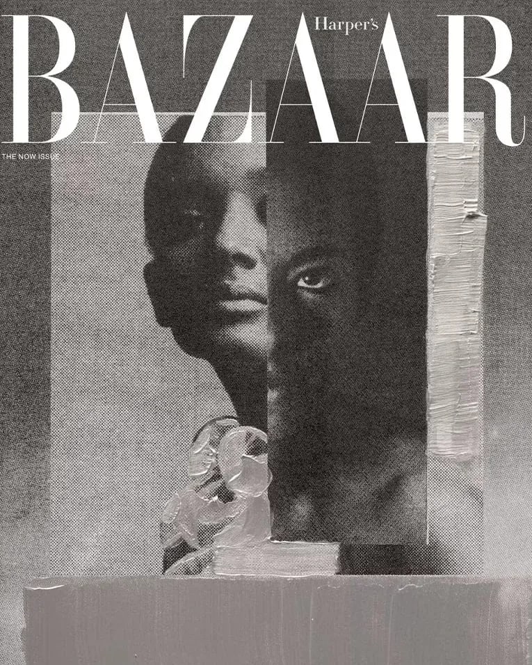 On the left is a Harper's Bazaar magazine cover with a grayscale aesthetic featuring two pictures of black people and white and gray paint. THe right pictures that cover along with five others, one of them simply being gray with main strokes of lighter gray and white.