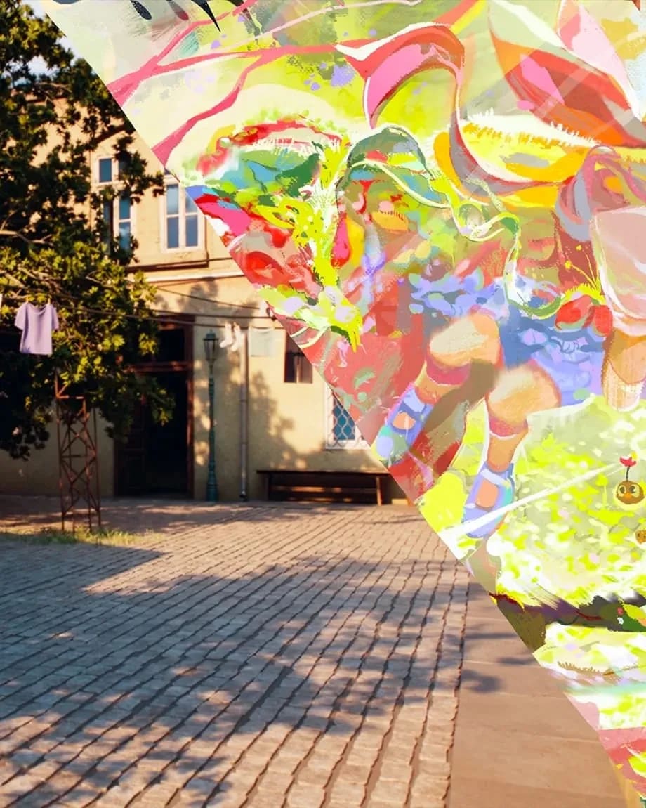3D animation image of outdoor space with cobblestone street with a teal bike leaning against a terracotta brick building.
