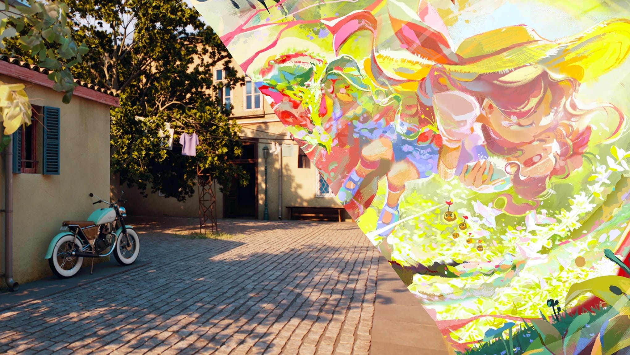 3D animation image of outdoor space with cobblestone street with a teal bike leaning against a terracotta brick building.
