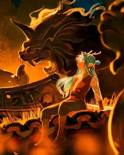 An illustration of a person with pointy ears, long teal hair, and horns sitting on the roof of a Chinese temple. There are trees all around in a beautiful orange hue.