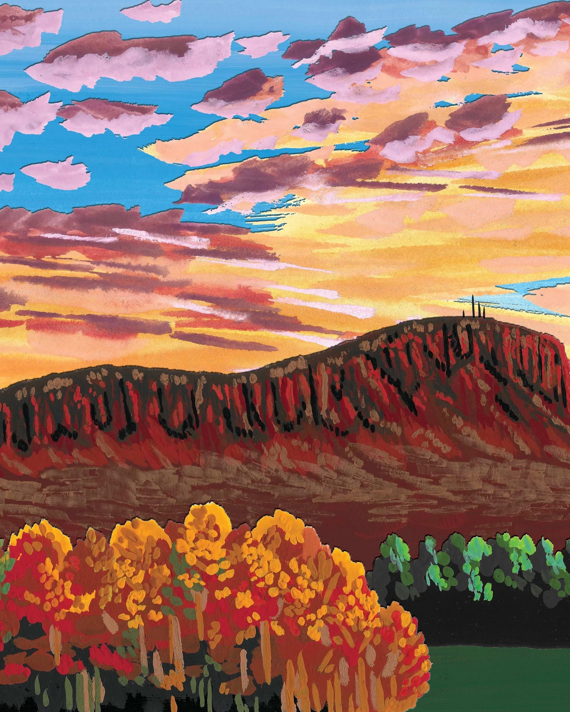 A plateau mountain rises above colorful autumn trees under a sky filled with vibrant sunset clouds.