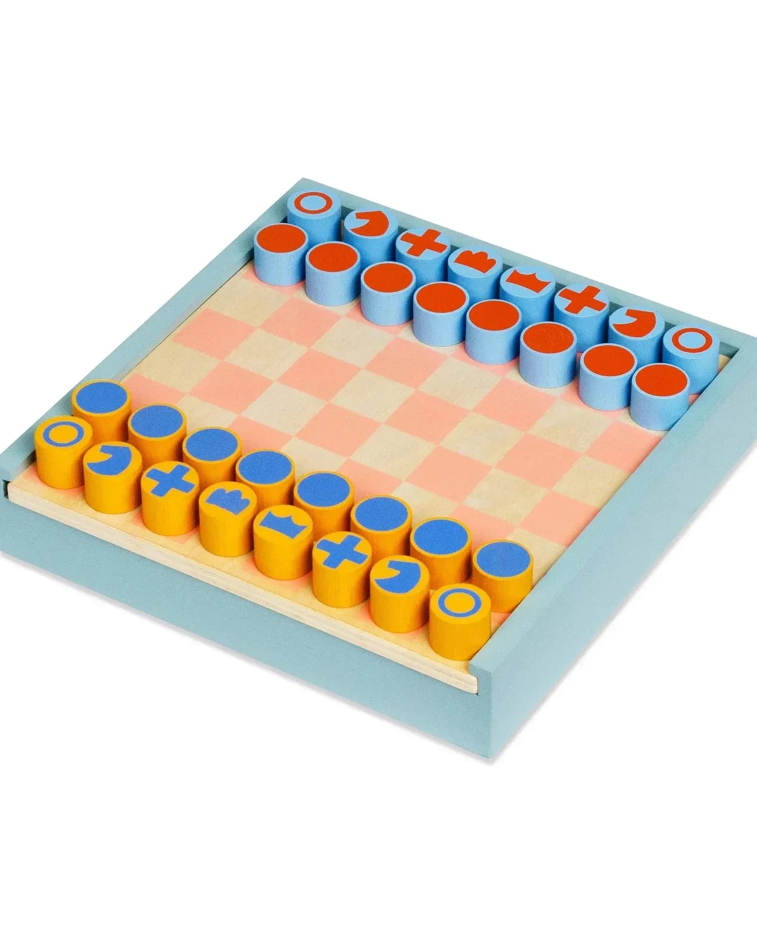 A pink and beige checkerboard with a blue border. The pieces are yellow cylinders with the symbols in blue on the top or light blue cylinders with the symbols in red-orange on top.