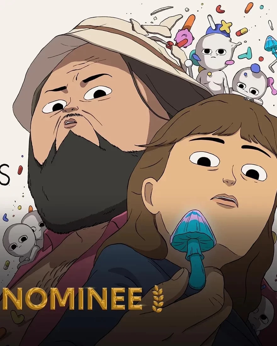 Poster art with a man and a woman looking at a glowing blue mushroom while other drugs float behind them. The text says "[adult swim]," ""Common Side Effects"s