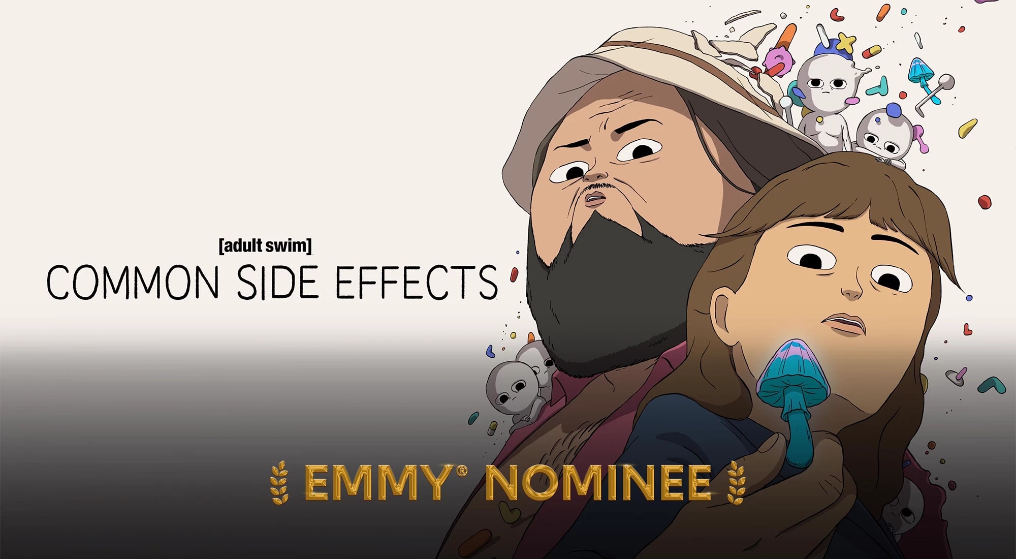 Poster art with a man and a woman looking at a glowing blue mushroom while other drugs float behind them. The text says "[adult swim]," ""Common Side Effects"s