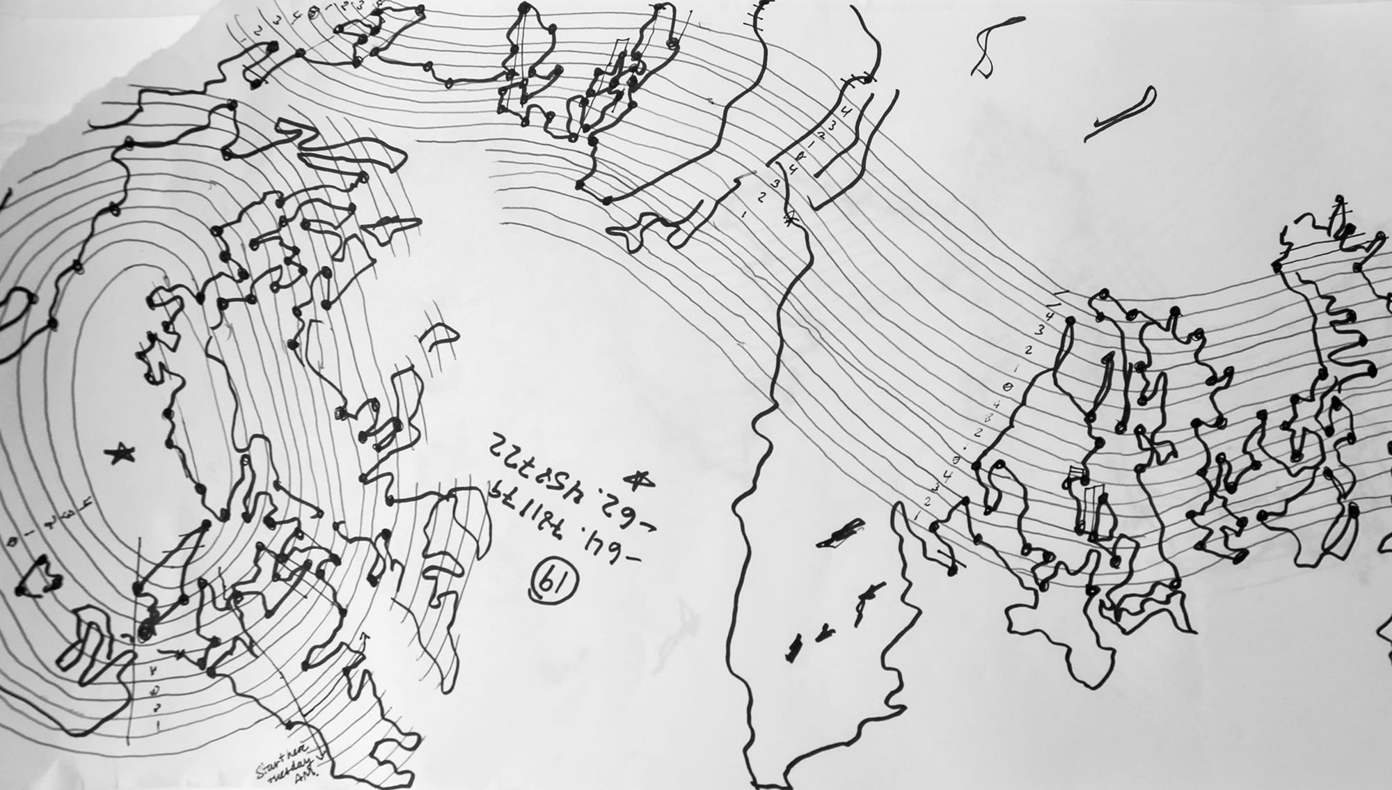 A drawing in black on white paper of the map of a coastline with a series of lines resembling musical notation following along the coast
