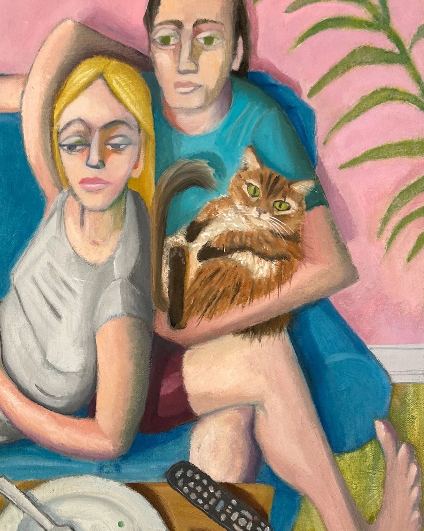 A painting of a domestic scene, featuring a male and a female figure with their cat, seemingly watching an out of view television, while resting on a blue couch. Used dinner plates rest on a coffee table before the figures, and a banana is taped to the pink wall behind them.