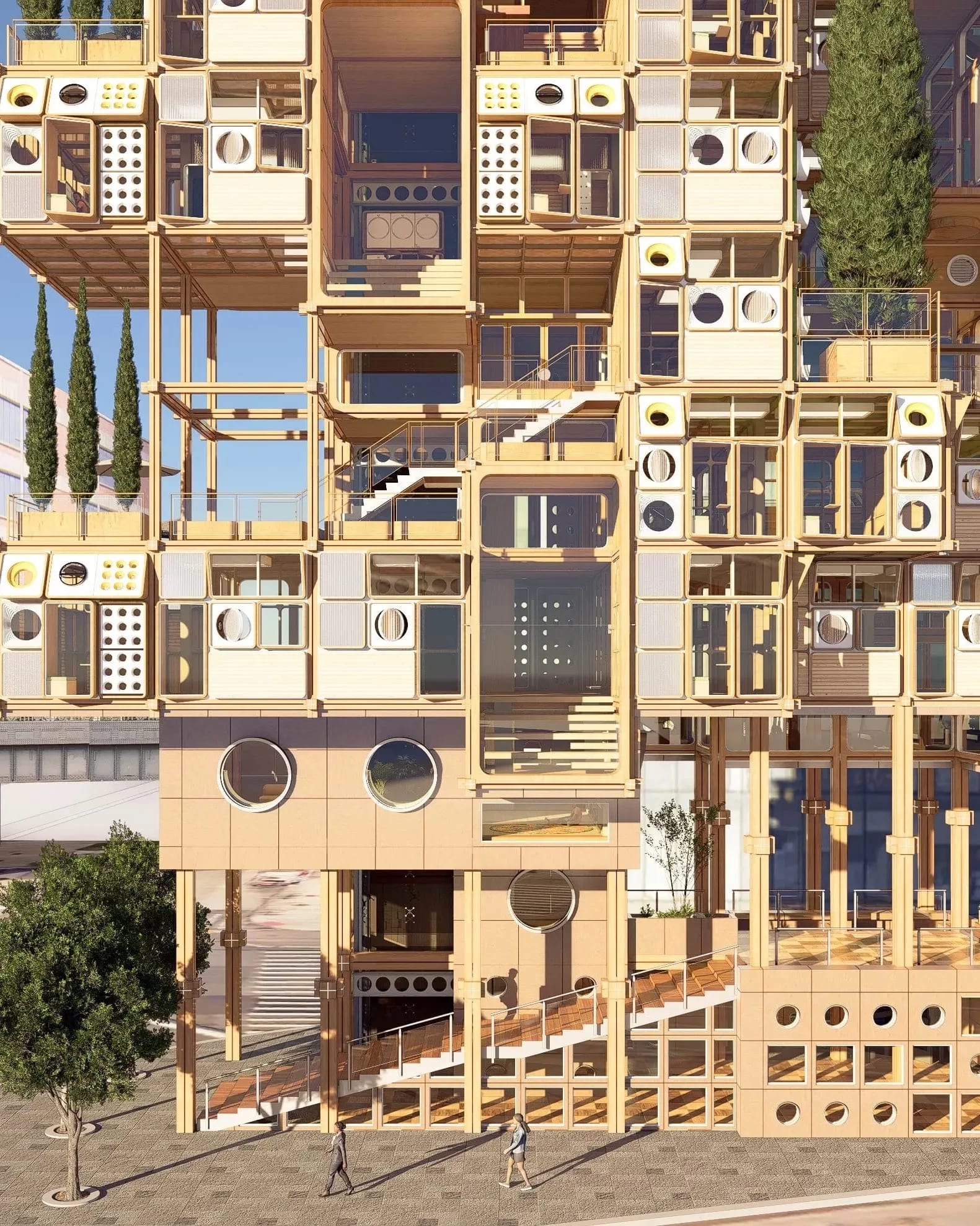 Futuristic modular building with stacked cube units, large windows, and rooftop greenery against a backdrop of glass skyscrapers and a blue sky.