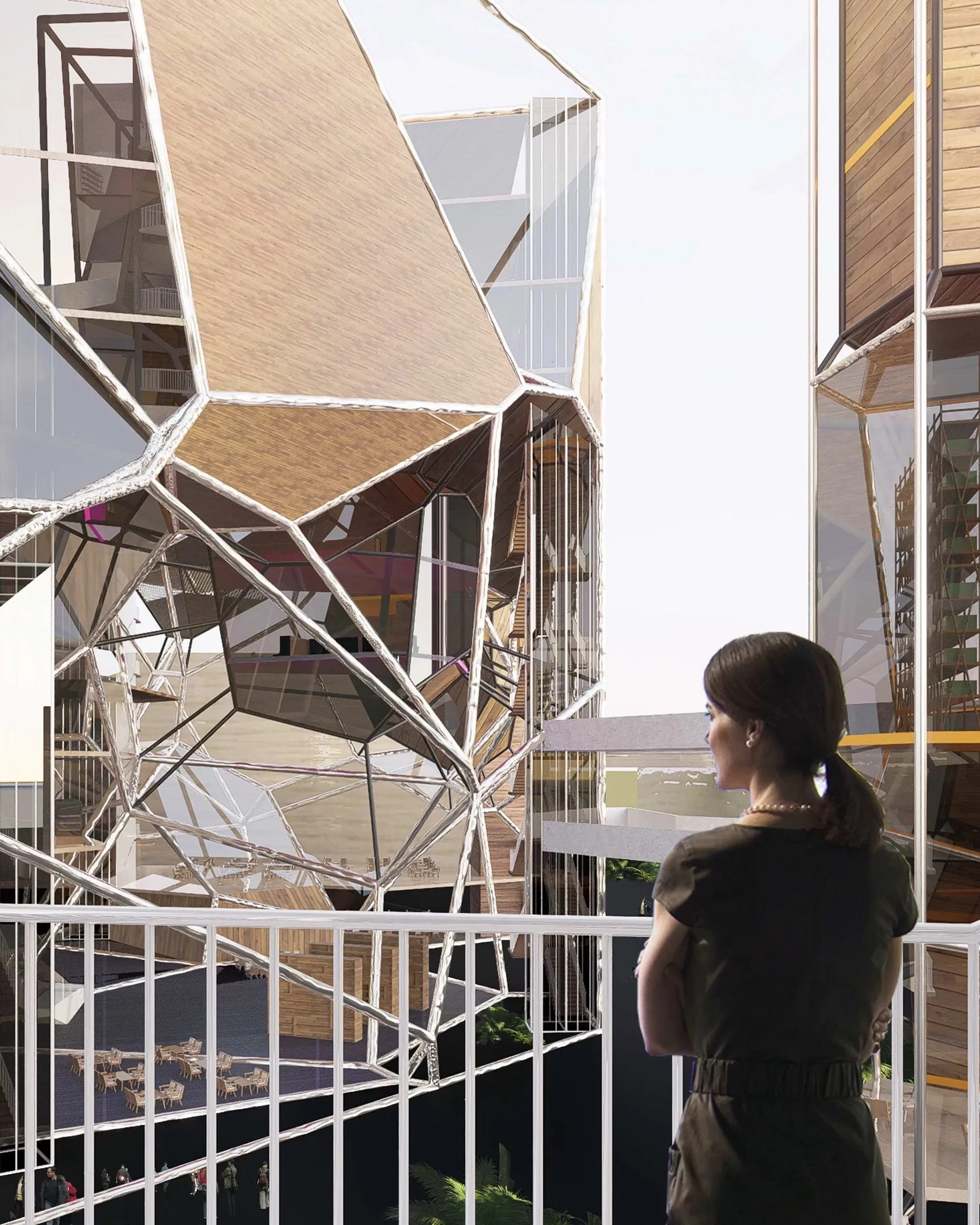 Futuristic architectural interior with angular metal beams and large glass panels. People walk through the sunlit space, creating a modern, dynamic atmosphere.