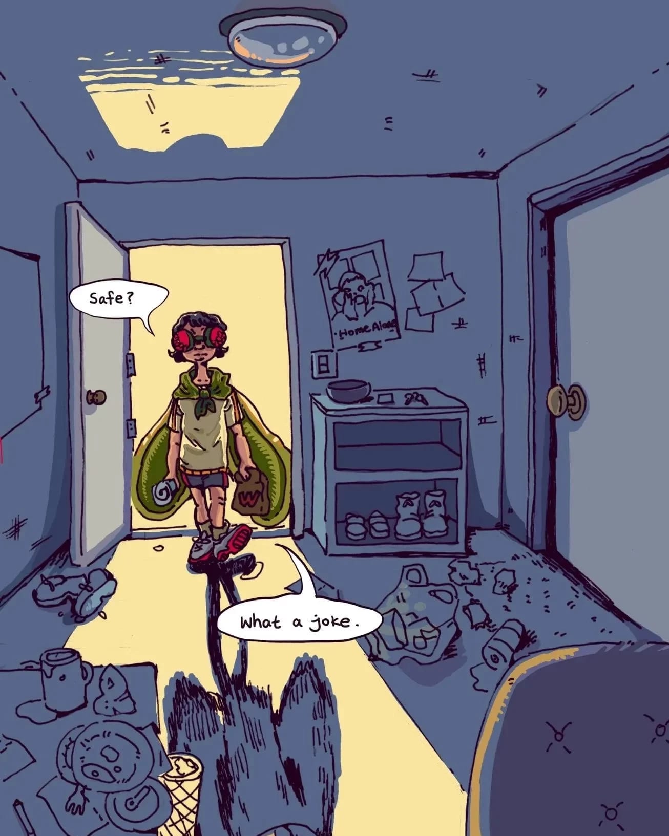 A character enters a messy room, eats a sandwich, reads a newspaper with a "Villains Wanted" ad, and says, "This city will never be safe.