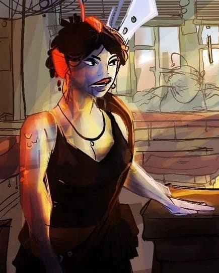 Illustrated scene in a dimly lit cafe with an alien-looking person surprised at the counter. A person in a yellow hoodie listens attentively. Warm lighting.