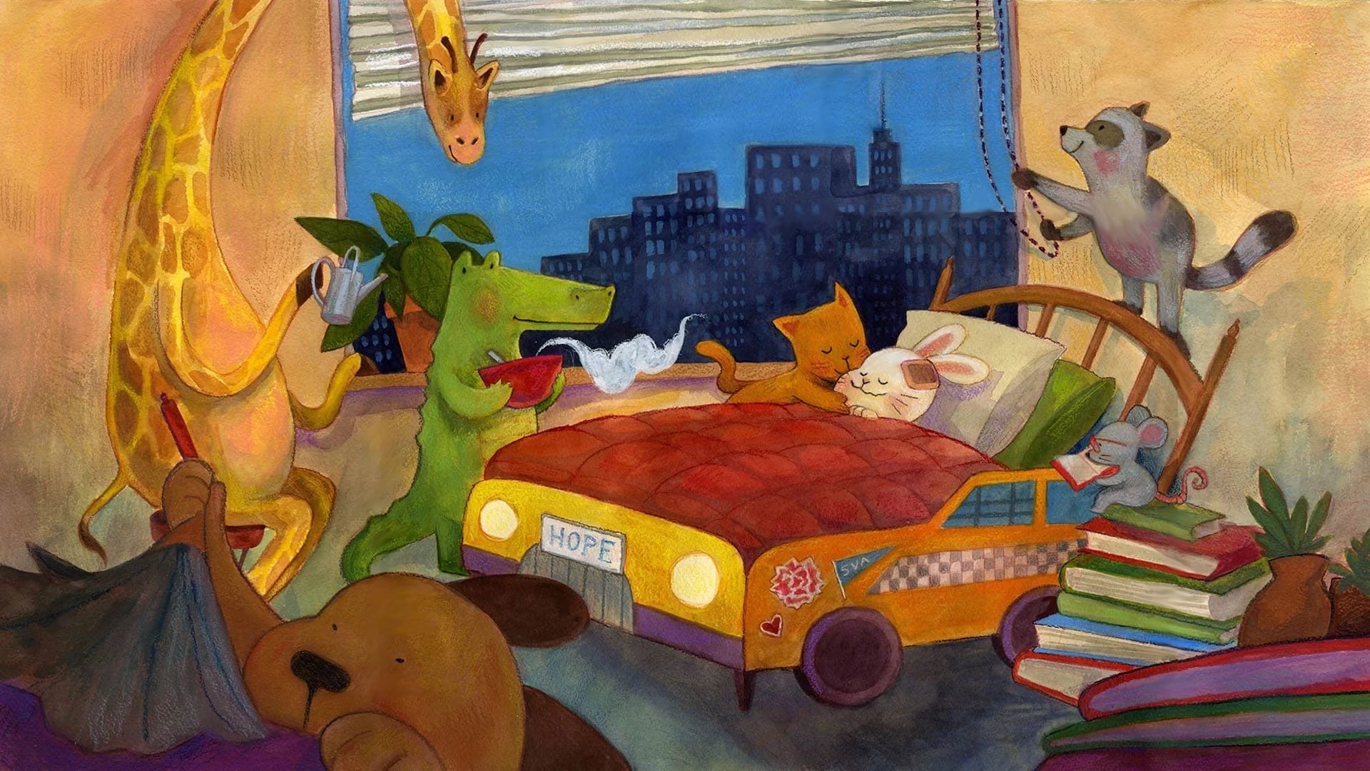 Cute zoo animals tend to a sick rabbit in a toy bed for children.