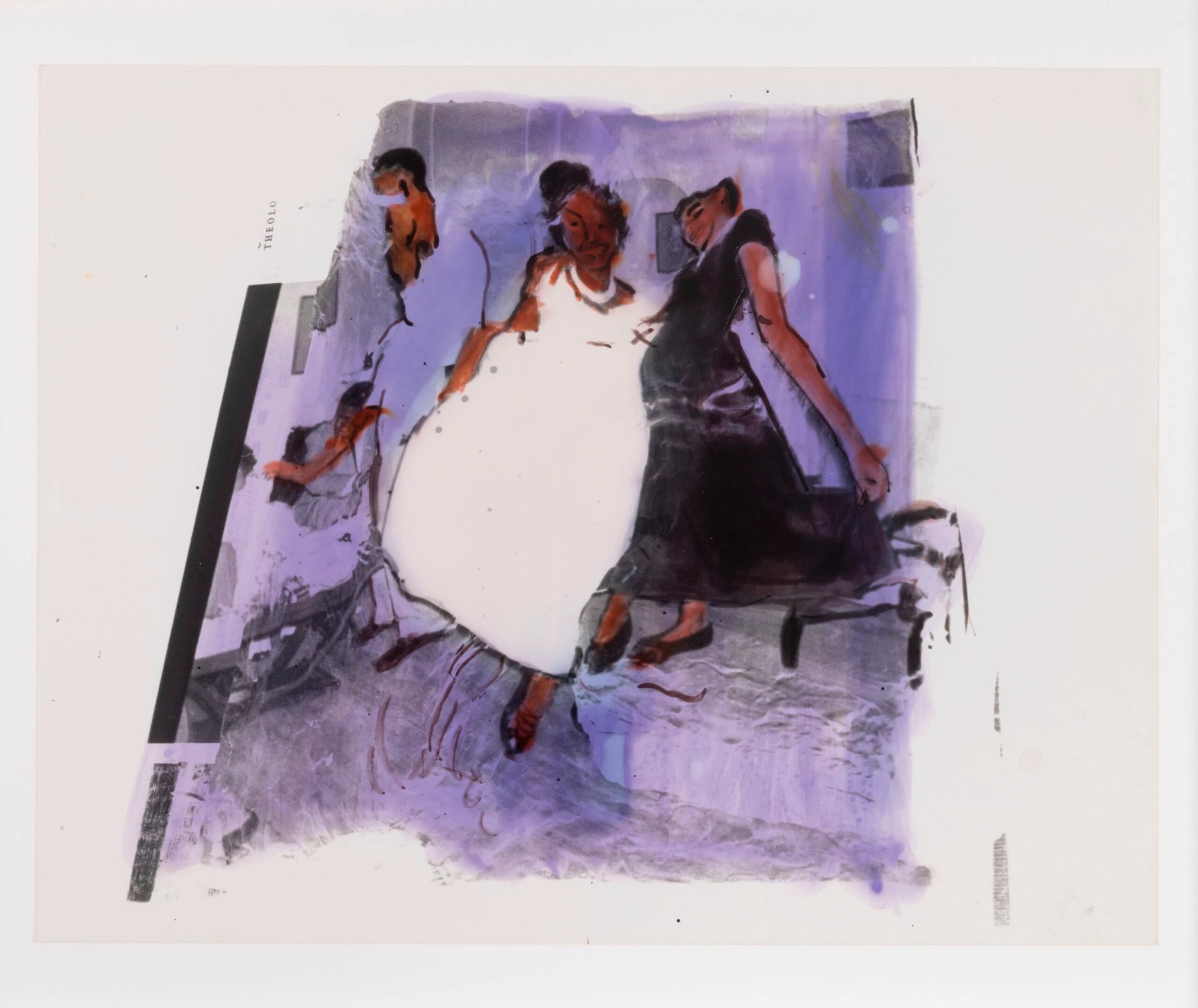 Watercolor of three figures standing close to each other in a purple room. Two of the figures wear dresses, one black and one white.