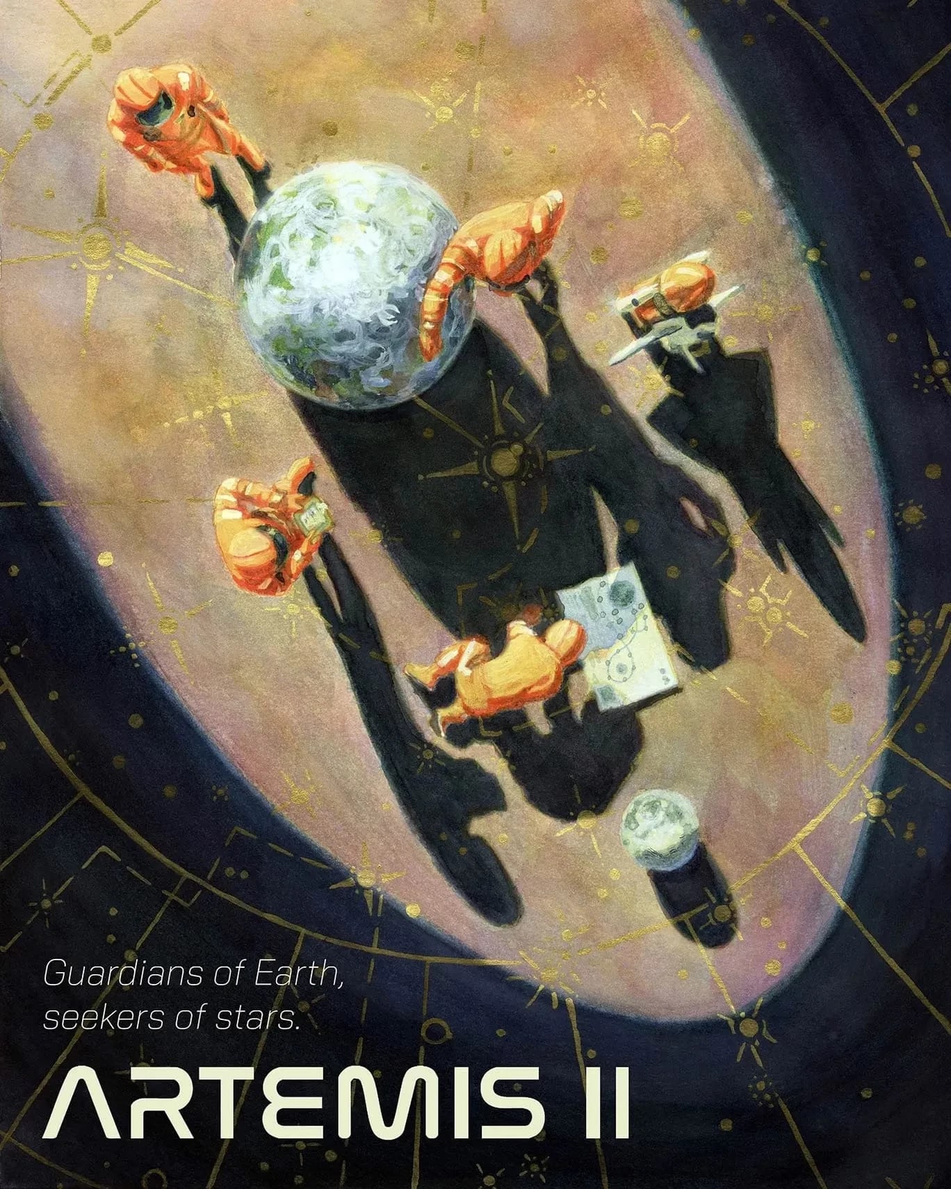 Poster depicting five astronauts performing various calculations and reporting against the backdrop of a large Earth-like globe and star charts across the floor. The text "Guardians of Earth, seekers of stars. Artemis II." is overlaid in the bottom left corner.