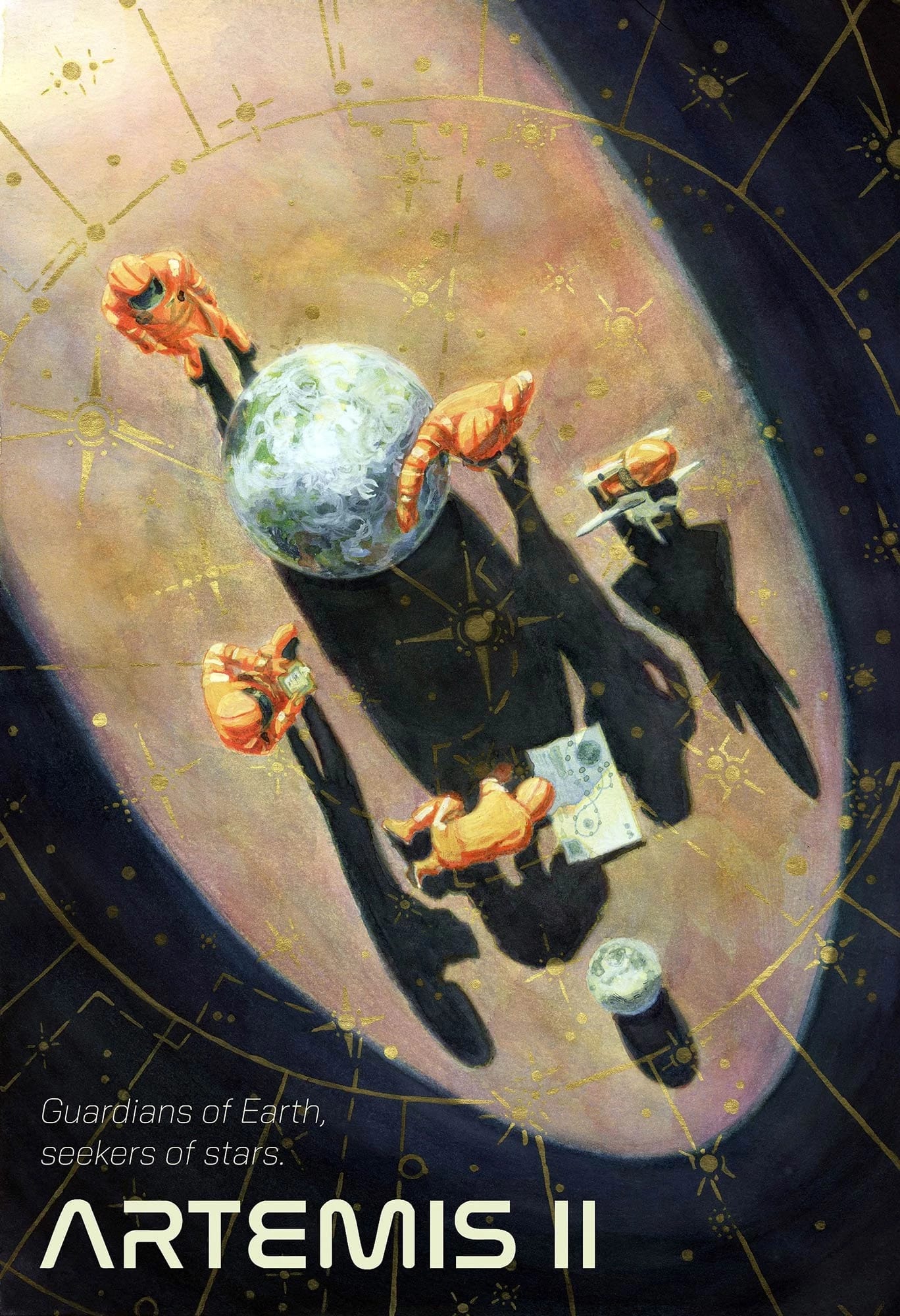 Poster depicting five astronauts performing various calculations and reporting against the backdrop of a large Earth-like globe and star charts across the floor. The text "Guardians of Earth, seekers of stars. Artemis II." is overlaid in the bottom left corner.