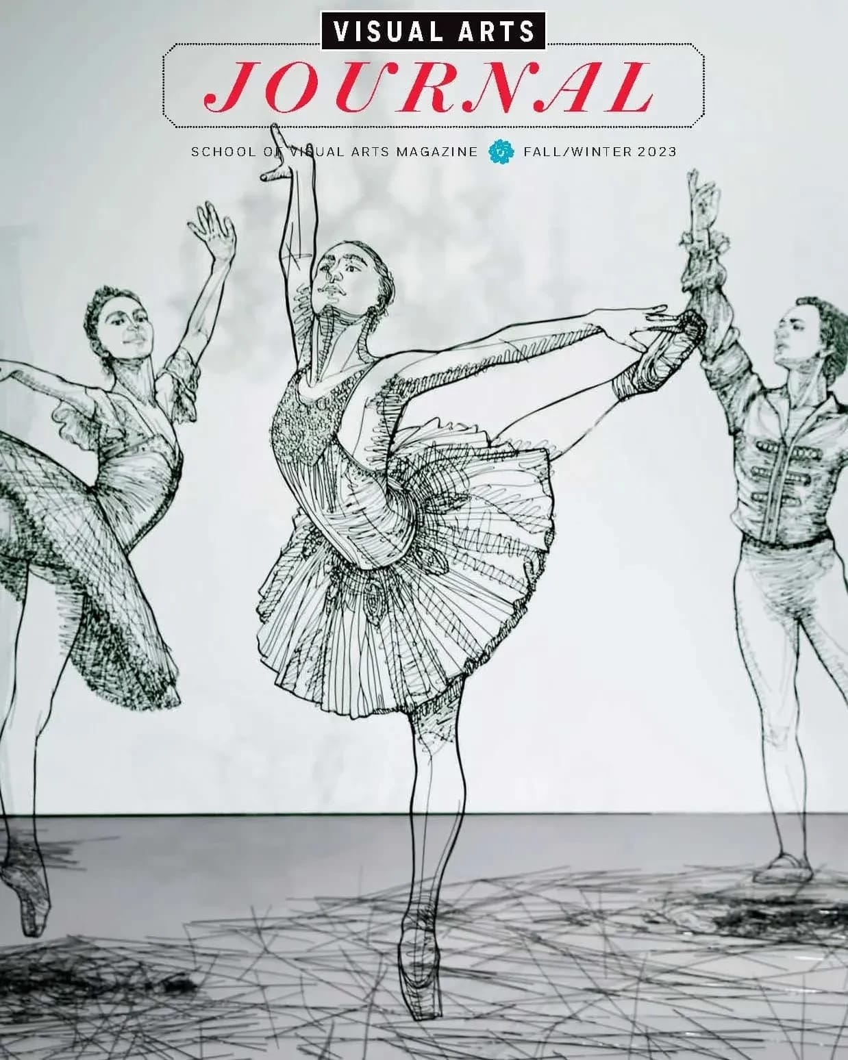 A magazine cover consisting of a photograph of an installation of three sculptures. All are made with wire and are of ballet dancers in the midst of performing.