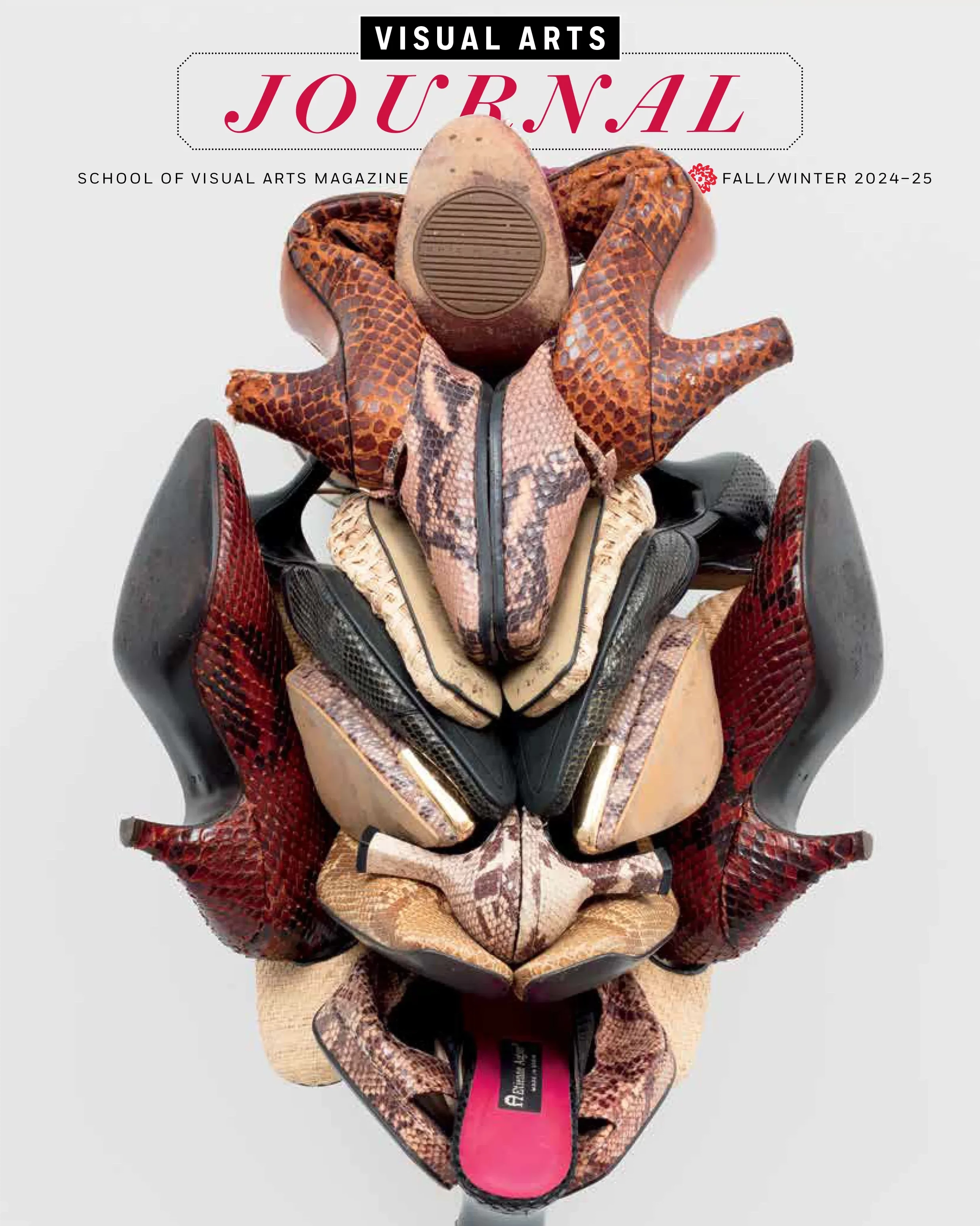 A magazine cover featuring a photograph of a sculpture made of high-heeled shoes against a blank white background. The sculpture resembles a mask or a face with its tongue sticking out.