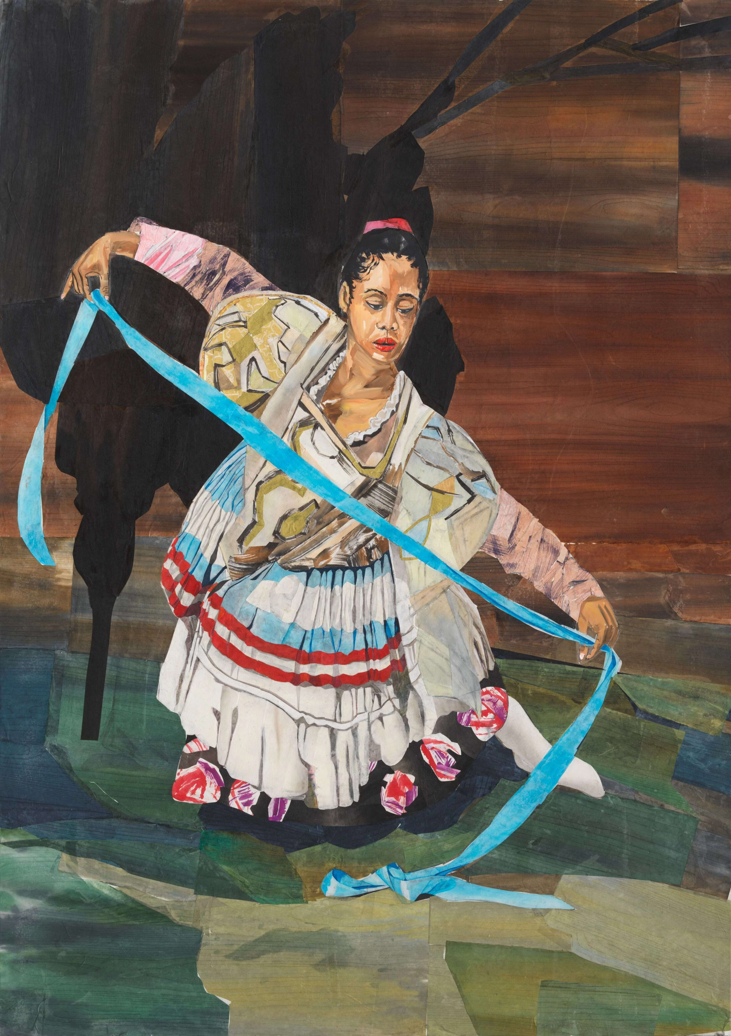 A collage artwork of a girl in a dress holding out a ribbon as if to measure it.