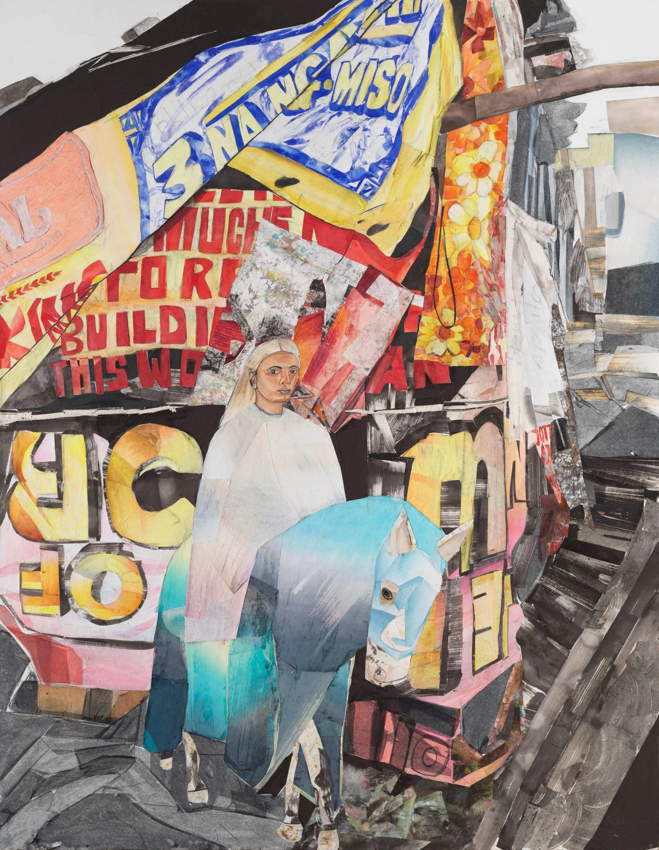 A large collage depicting a person mounted on a blue horse, which stands before a structure covered in text-based posters.