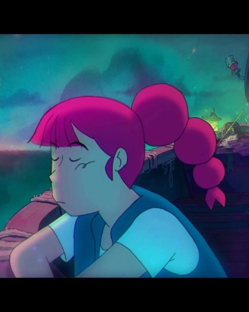 Still from an animated film. A girl with pink hair stands calmly looking towards the ocean on a boat. 