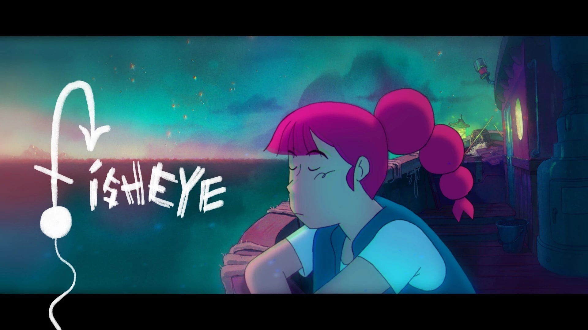 Still from the title card of an animated film. A girl with pink hair stands calmly looking towards the ocean on a boat. The title "fisheye" is shown next to her, with the letter f resembling a fish hook. 