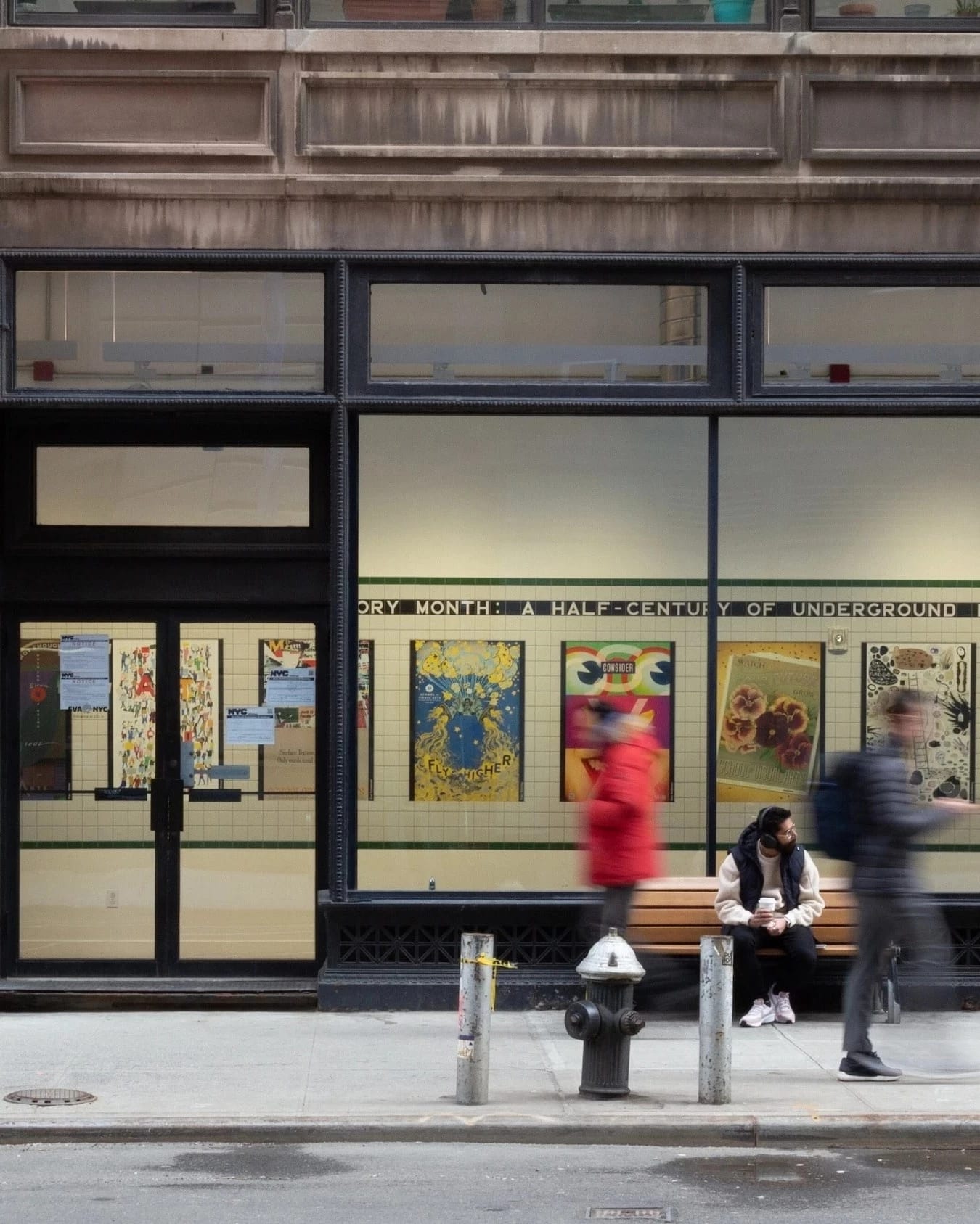 Street view of Flatiron Window space during Women’s History Month subway posters exhibition.