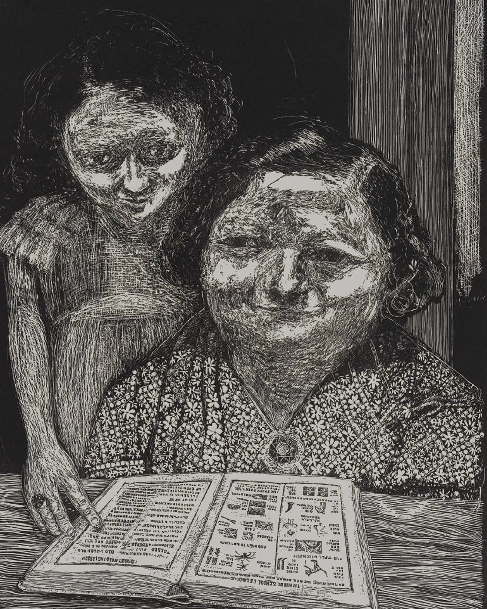 woodcut illustration of two figures with a book.