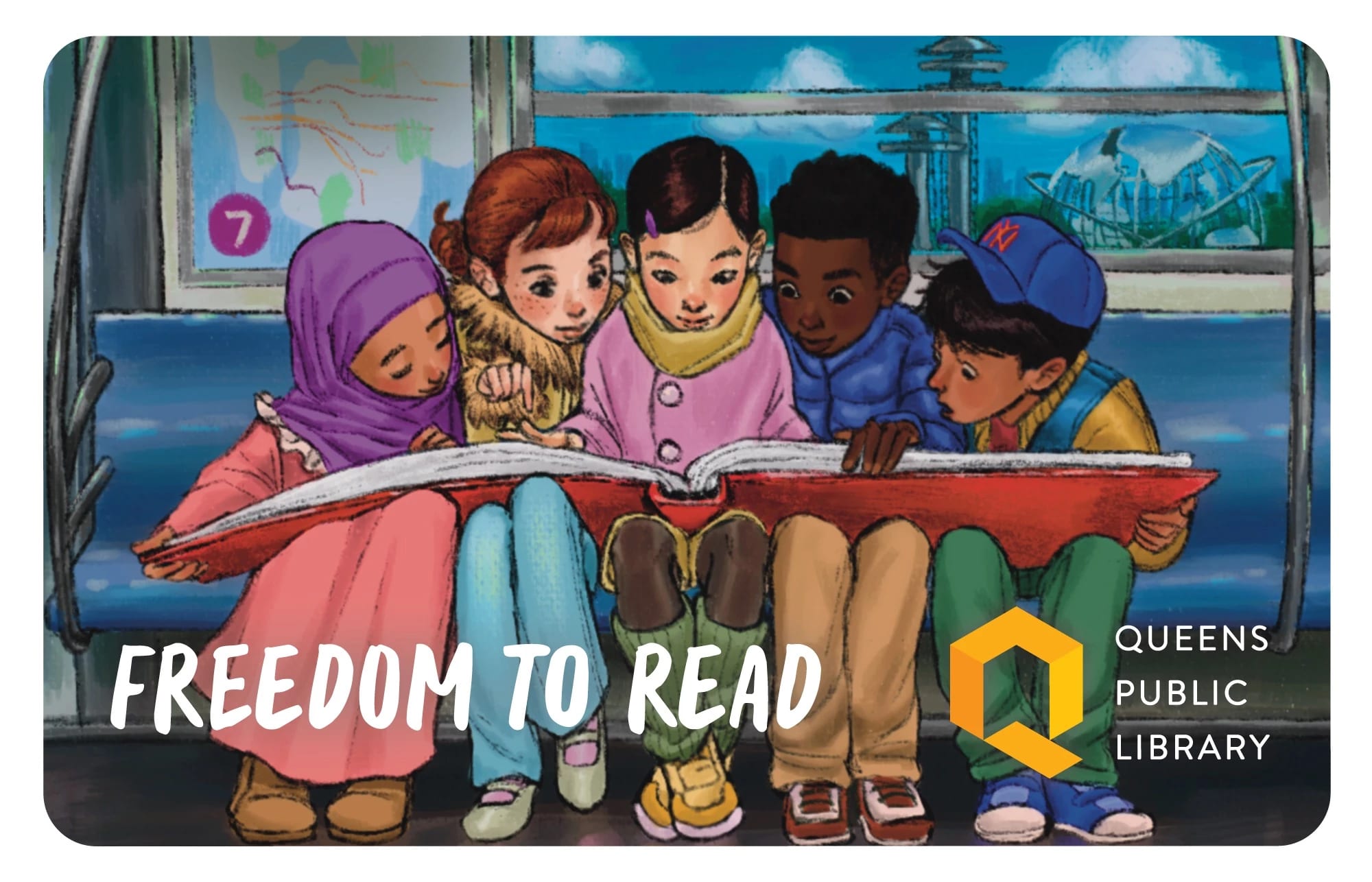 Five kids of all different ethnicities sit on the 7 train reading a giant red book together