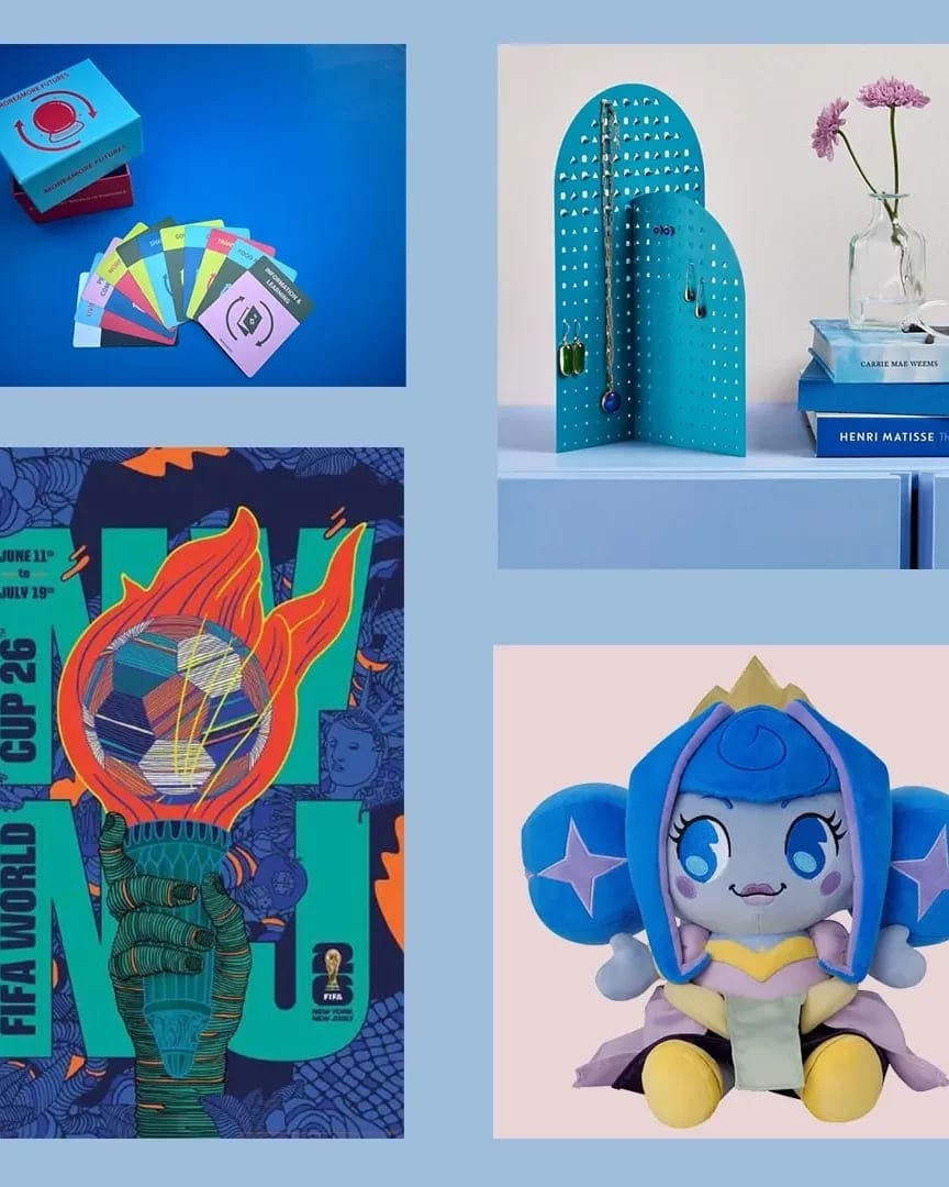 A collage of a poster, cards, a jewelry stand, a plushie, and a vase