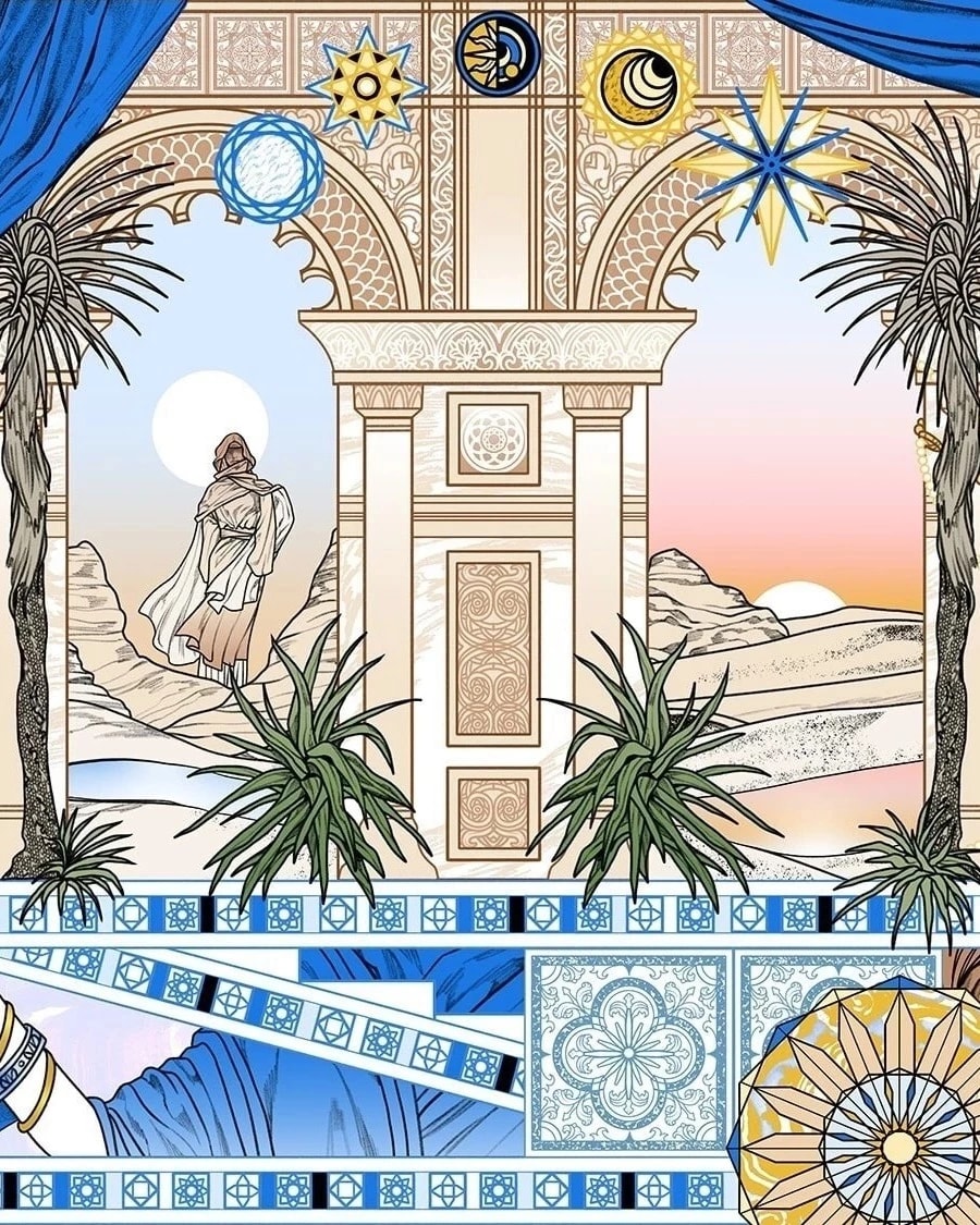 A still frame from a motion video revealing a delicately drawn image where various scenes and elements are juxtaposed together. The predominant colors of orange and blue creating a visually dynamic composition, drawing attention on the intricate details.