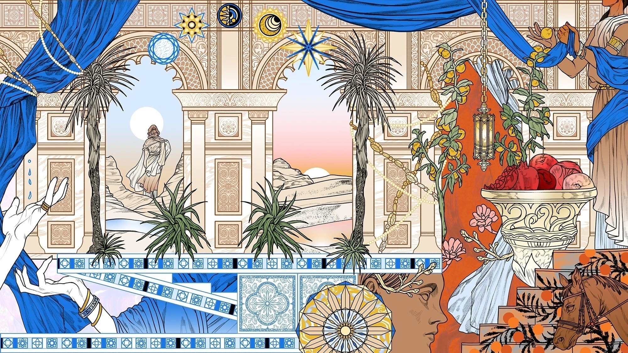A still frame from a motion video revealing a delicately drawn image where various scenes and elements are juxtaposed together. The predominant colors of orange and blue creating a visually dynamic composition, drawing attention on the intricate details.