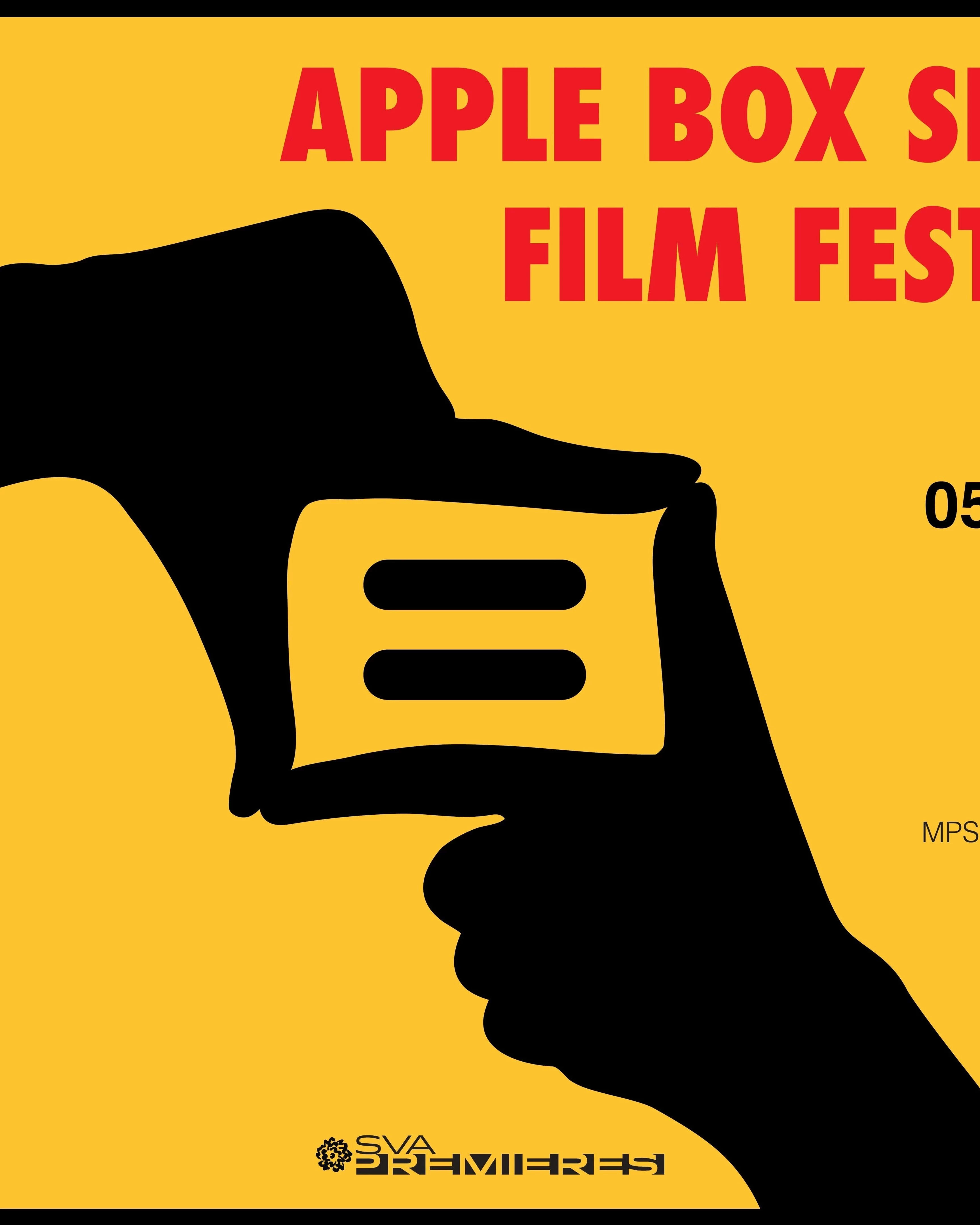 A promotional poster: the silhouette of two black hands mimicking the frame of a camera, on a bright yellow background with the words “Apple Box Short Film Festival” in bright red.