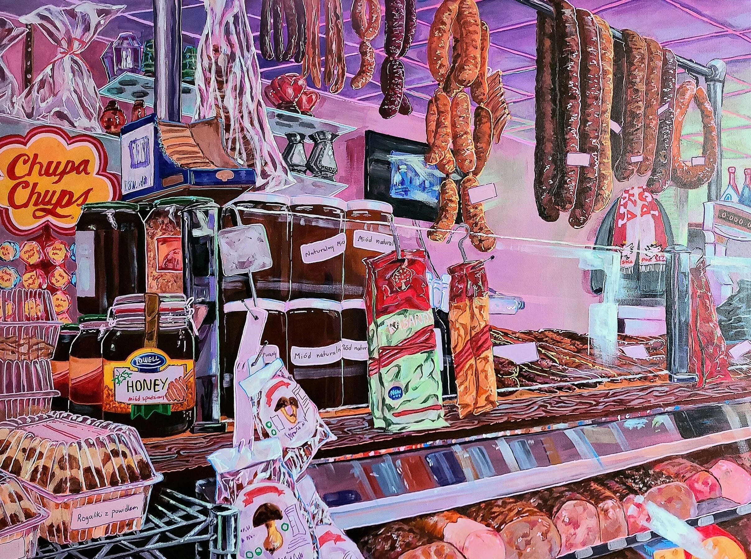 Painting showing a deli counter crowded with canned goods and products, with sausage hanging from the ceiling.